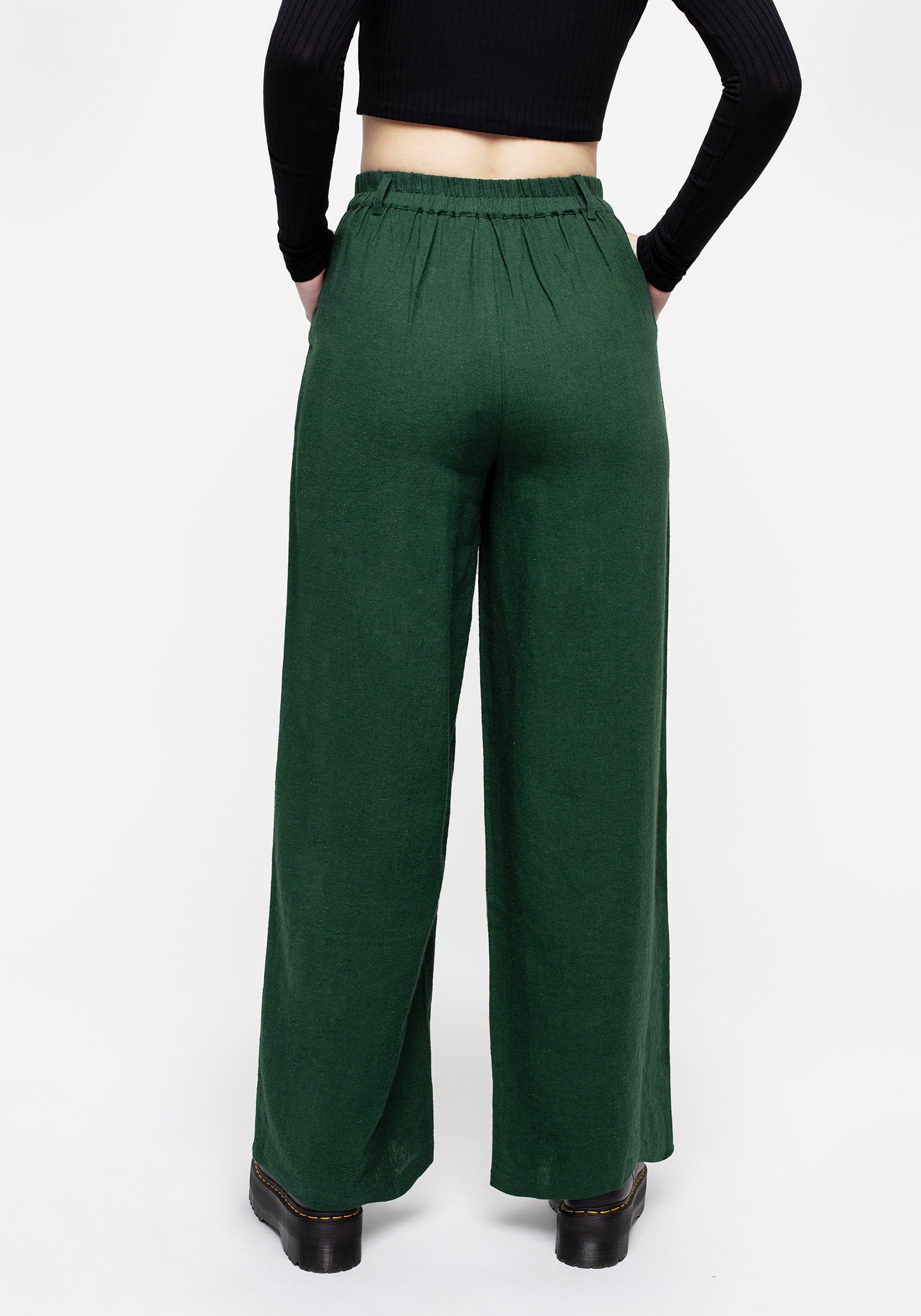 Green Wide Leg Linen Blend Trousers with Moon Charm | Oberon
