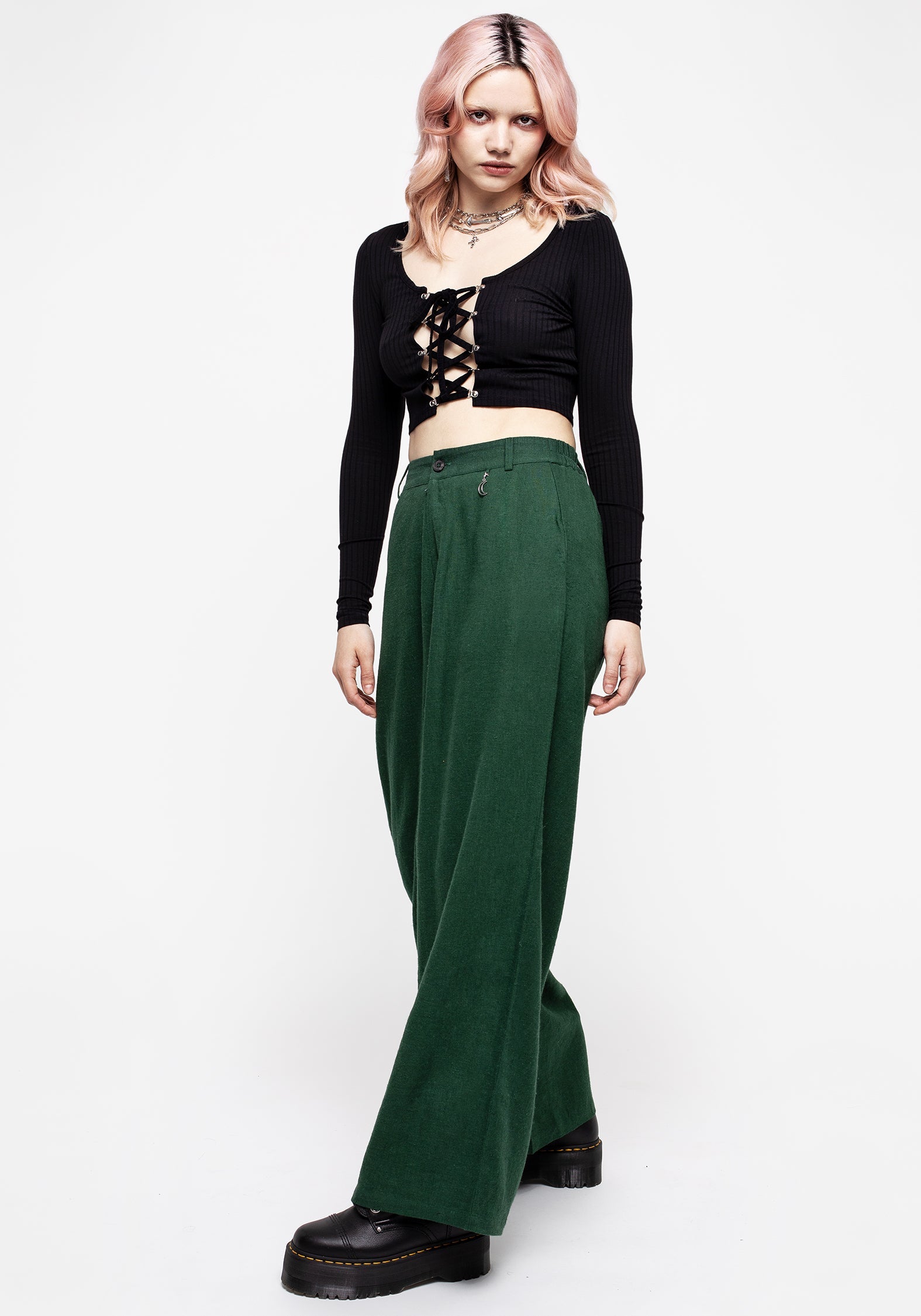 Green Wide Leg Linen Blend Trousers with Moon Charm | Oberon