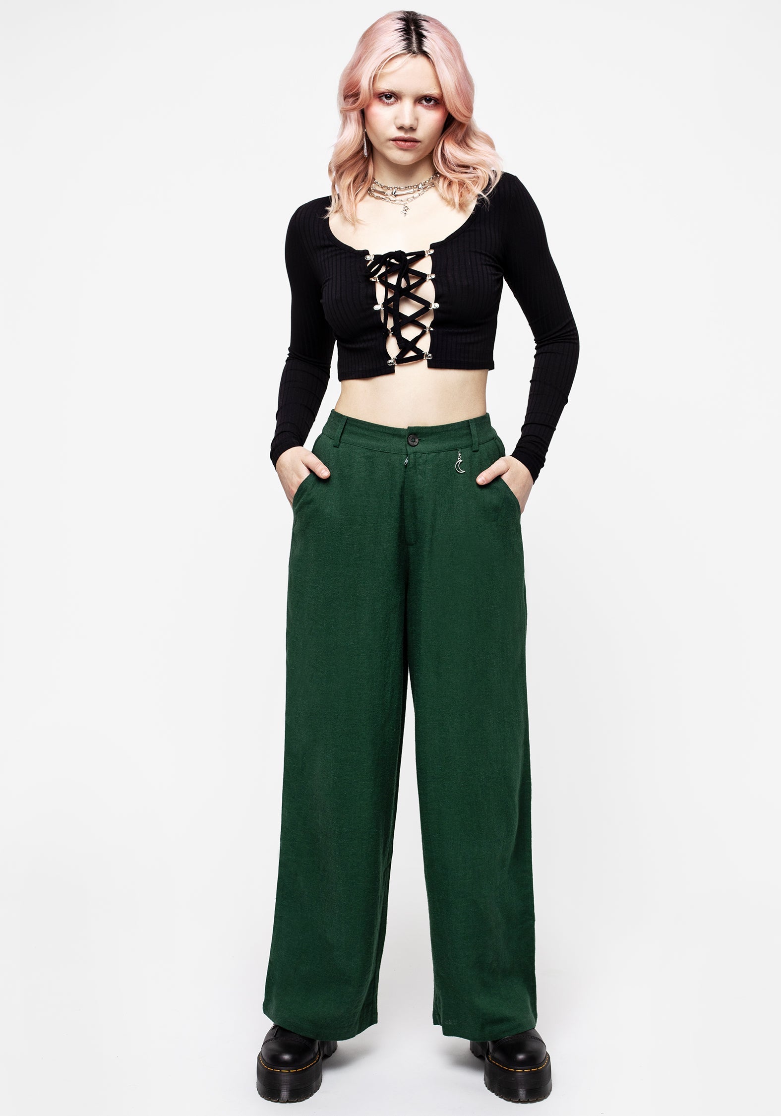 Green Wide Leg Linen Blend Trousers with Moon Charm | Oberon