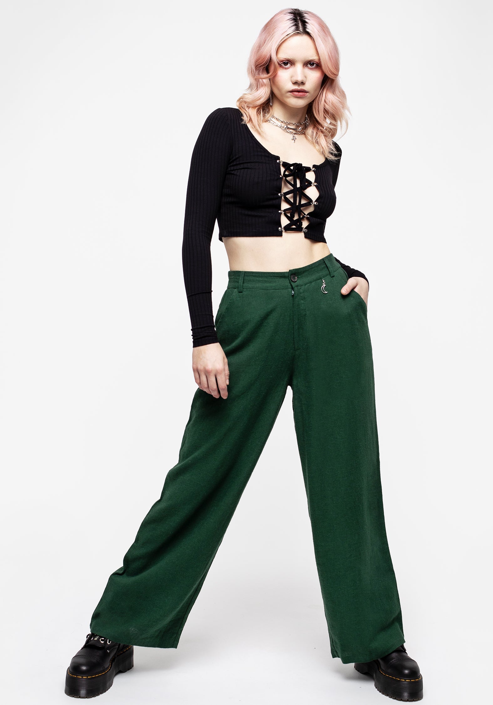 Green Wide Leg Linen Blend Trousers with Moon Charm | Oberon