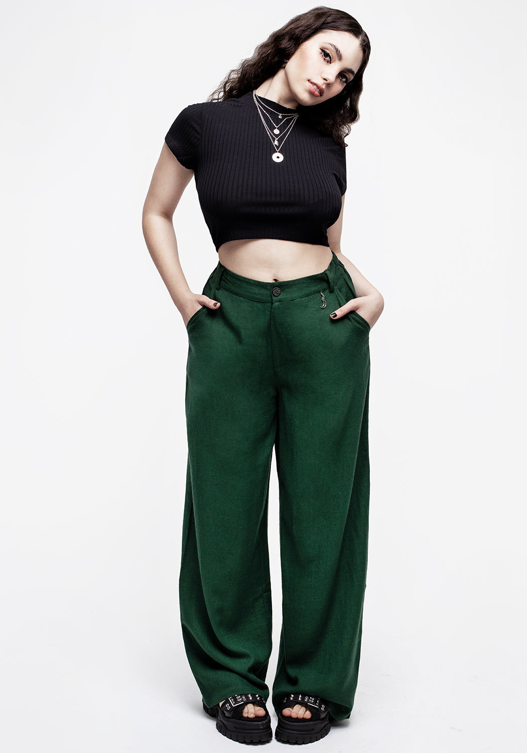 Green Wide Leg Linen Blend Trousers with Moon Charm | Oberon
