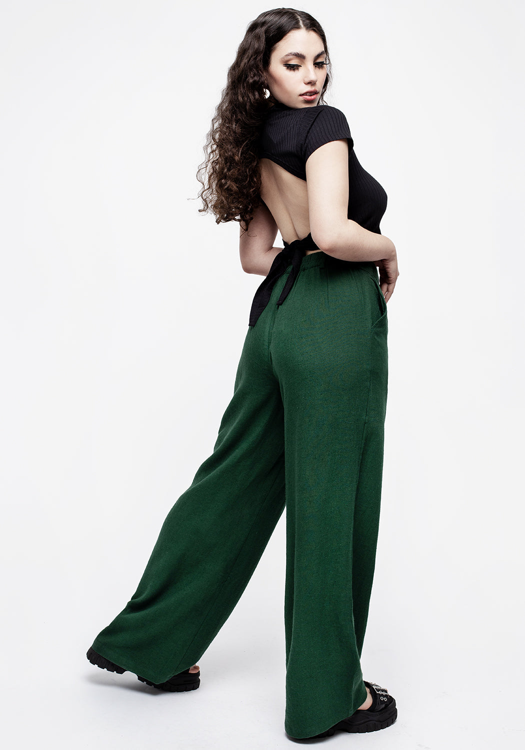Green Wide Leg Linen Blend Trousers with Moon Charm | Oberon