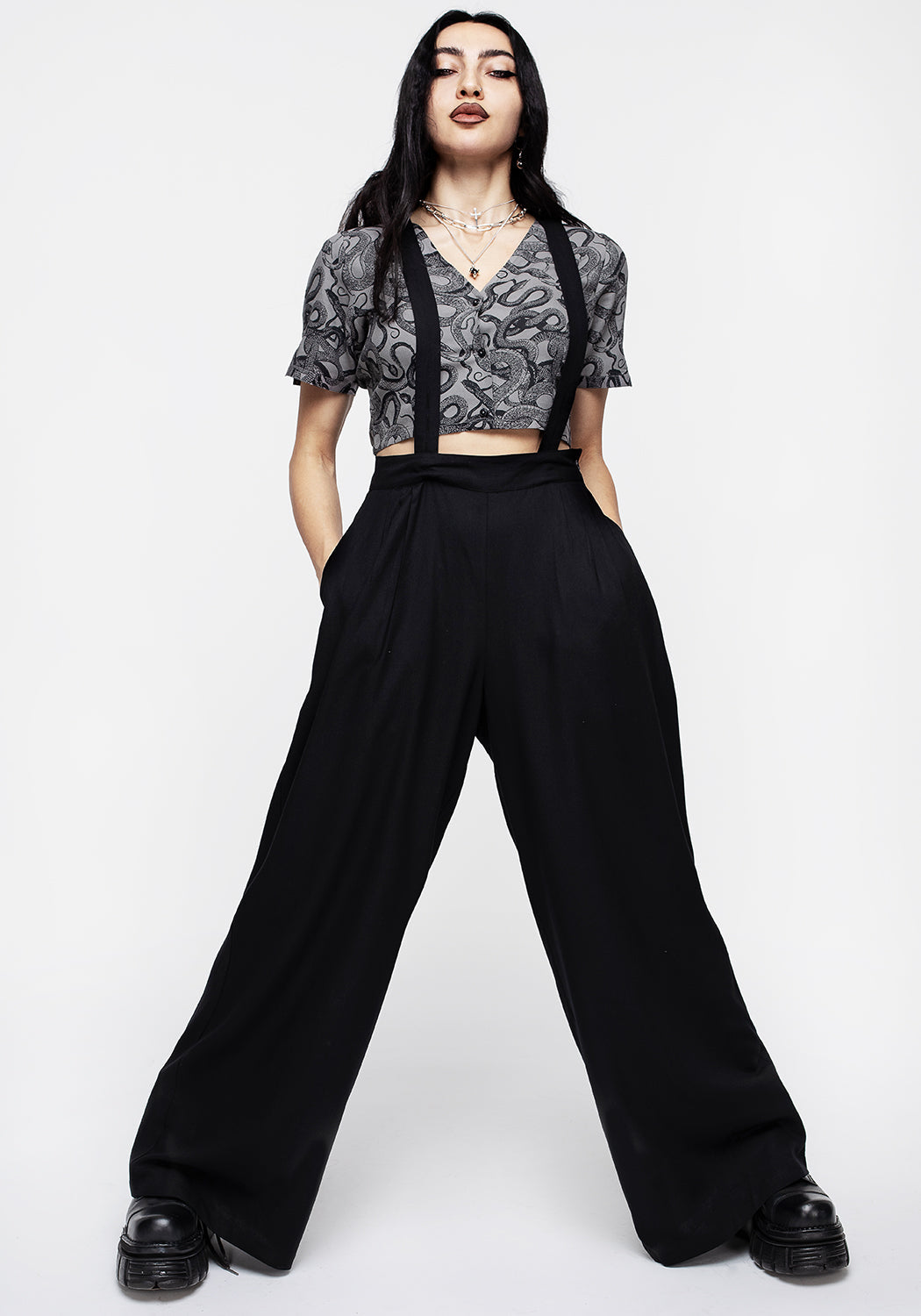 Wide Leg Suspender Trousers with Elastic Waistband | Midnight Black