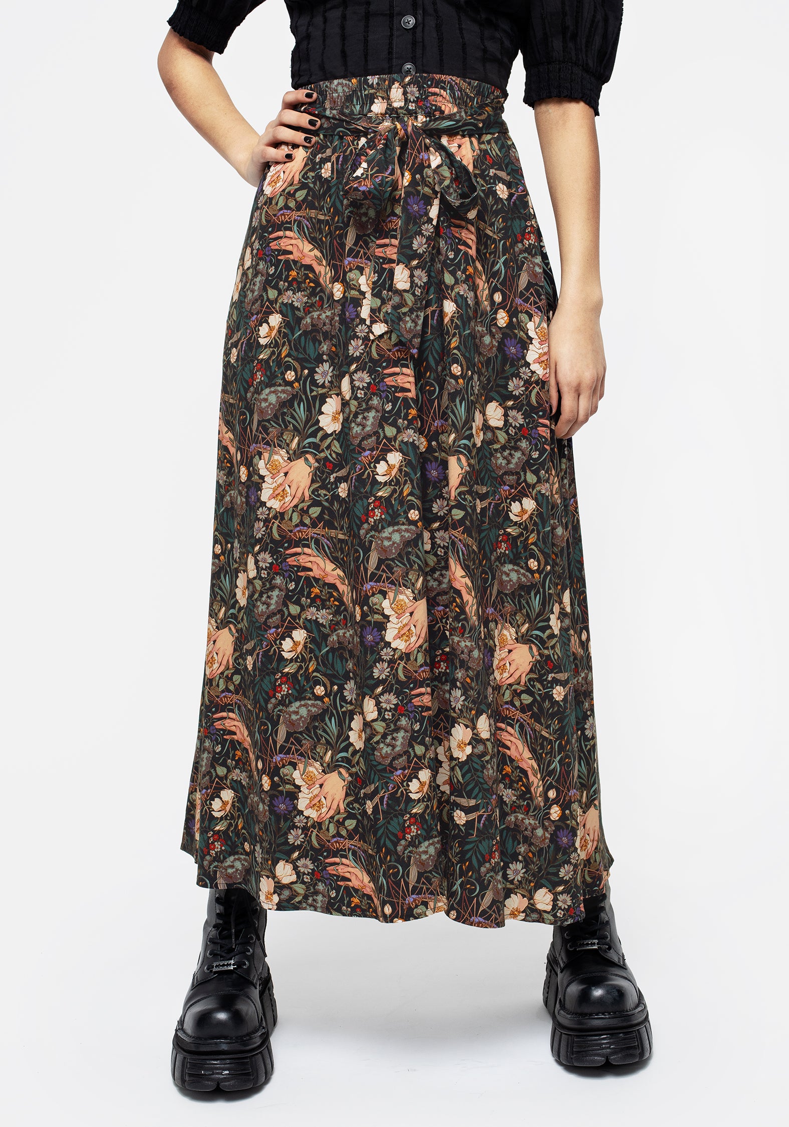 Green Floral Viscose Tie Waist Midaxi Skirt with Pockets | Ophelia