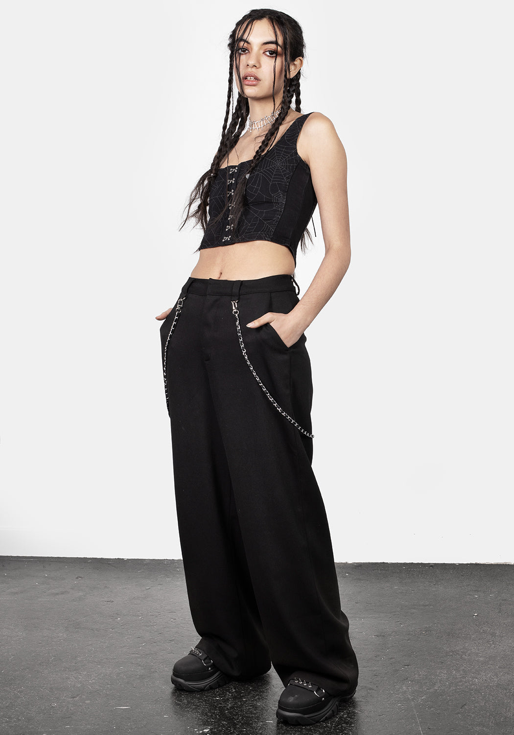 Wide Leg Trousers with Belt Chain Detail | Descent Chain