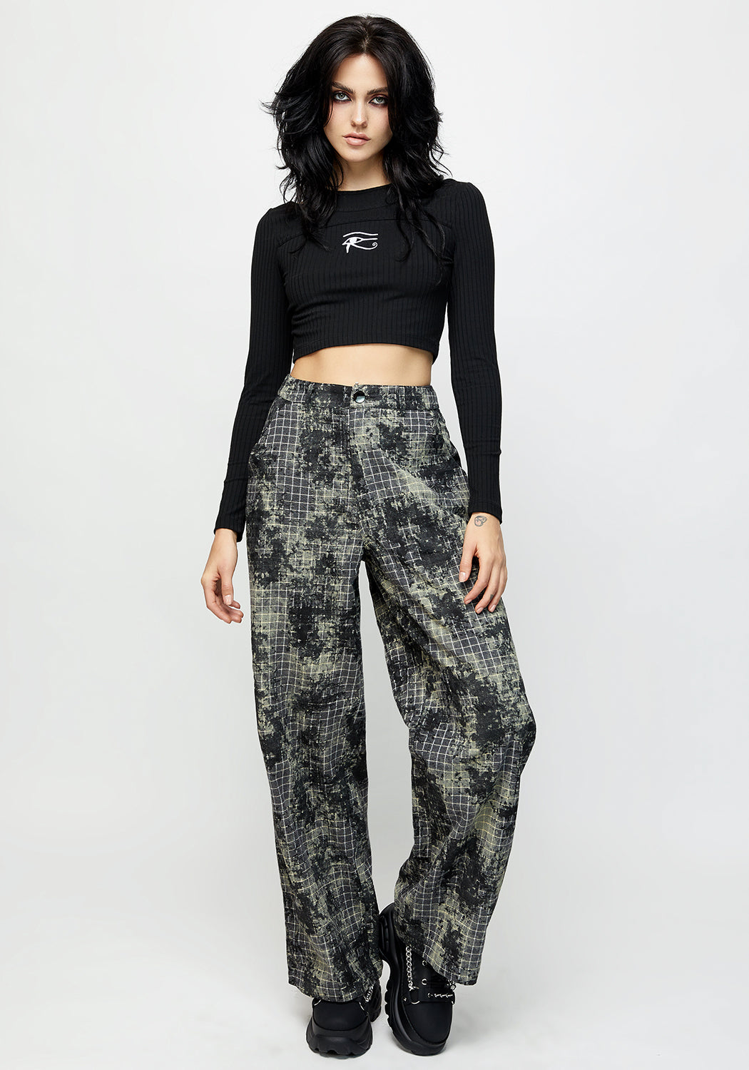 Black & Green Check Wide Leg Trousers - Grunge Style with Elastic Waist | Grime Check