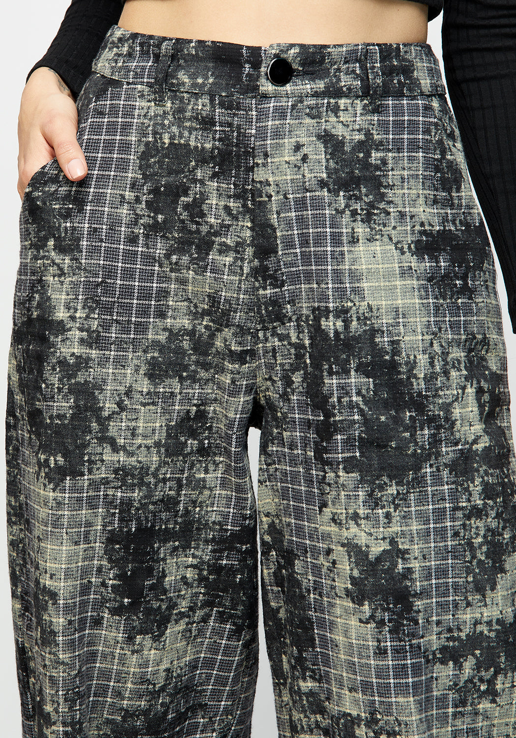 Black & Green Check Wide Leg Trousers - Grunge Style with Elastic Waist | Grime Check