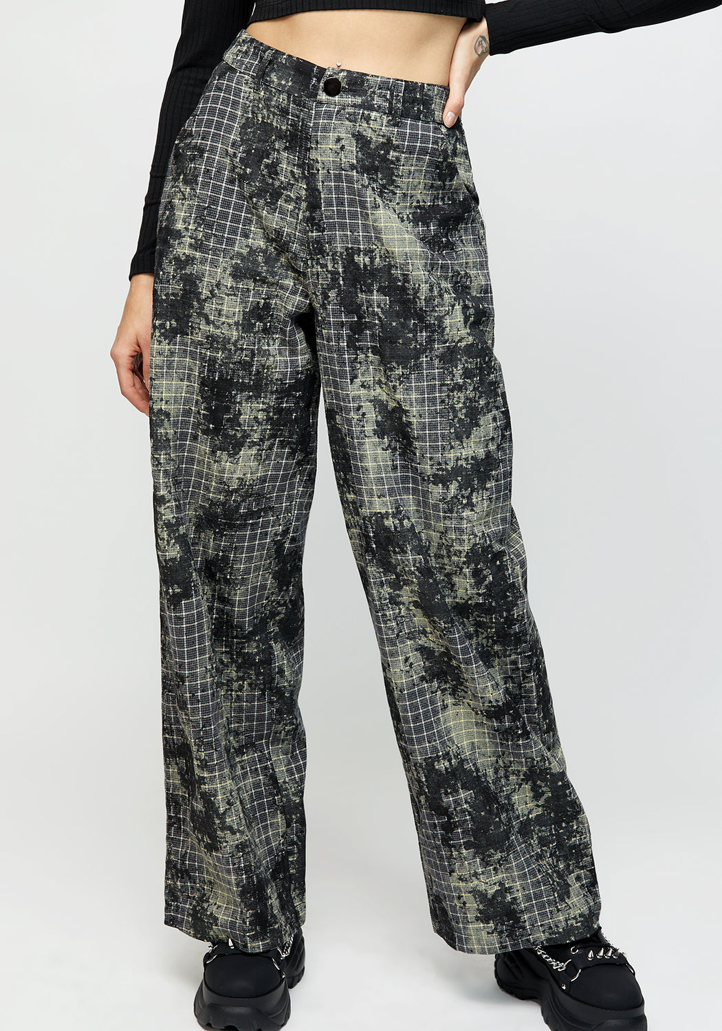 Black & Green Check Wide Leg Trousers - Grunge Style with Elastic Waist | Grime Check