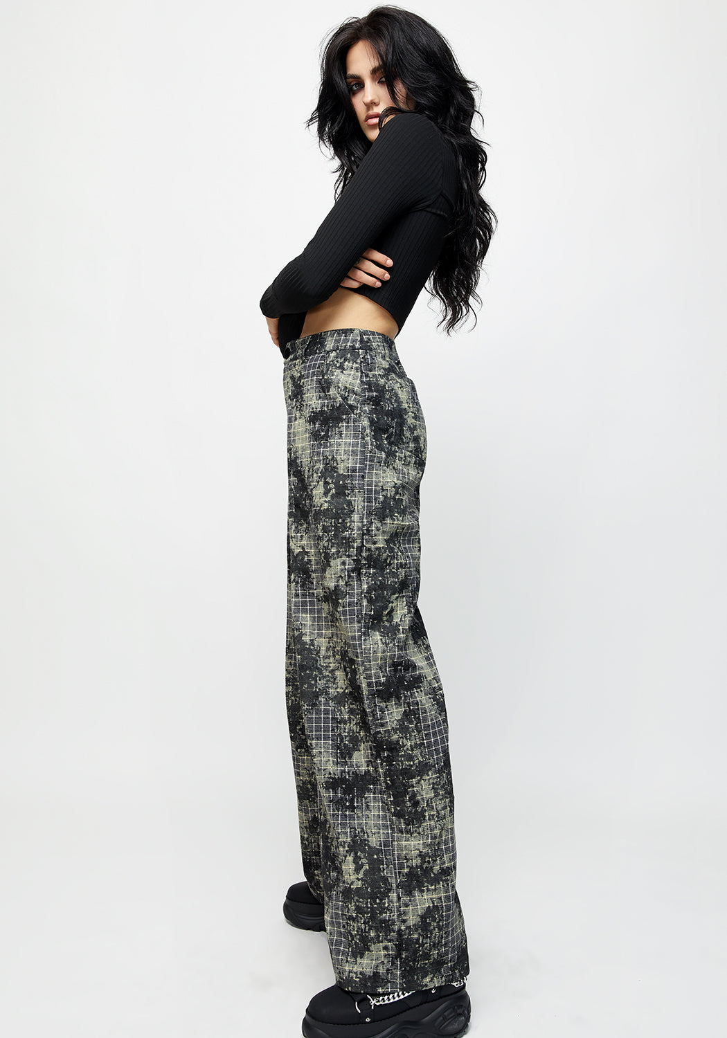 Black & Green Check Wide Leg Trousers - Grunge Style with Elastic Waist | Grime Check