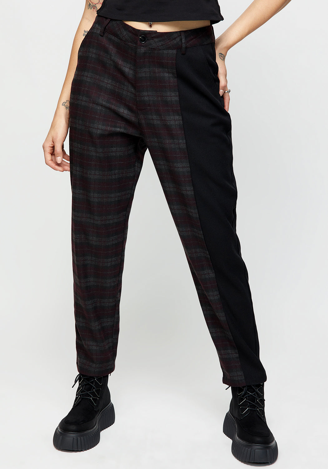 Purple & Black Check Tapered Trousers for Women | Dropout