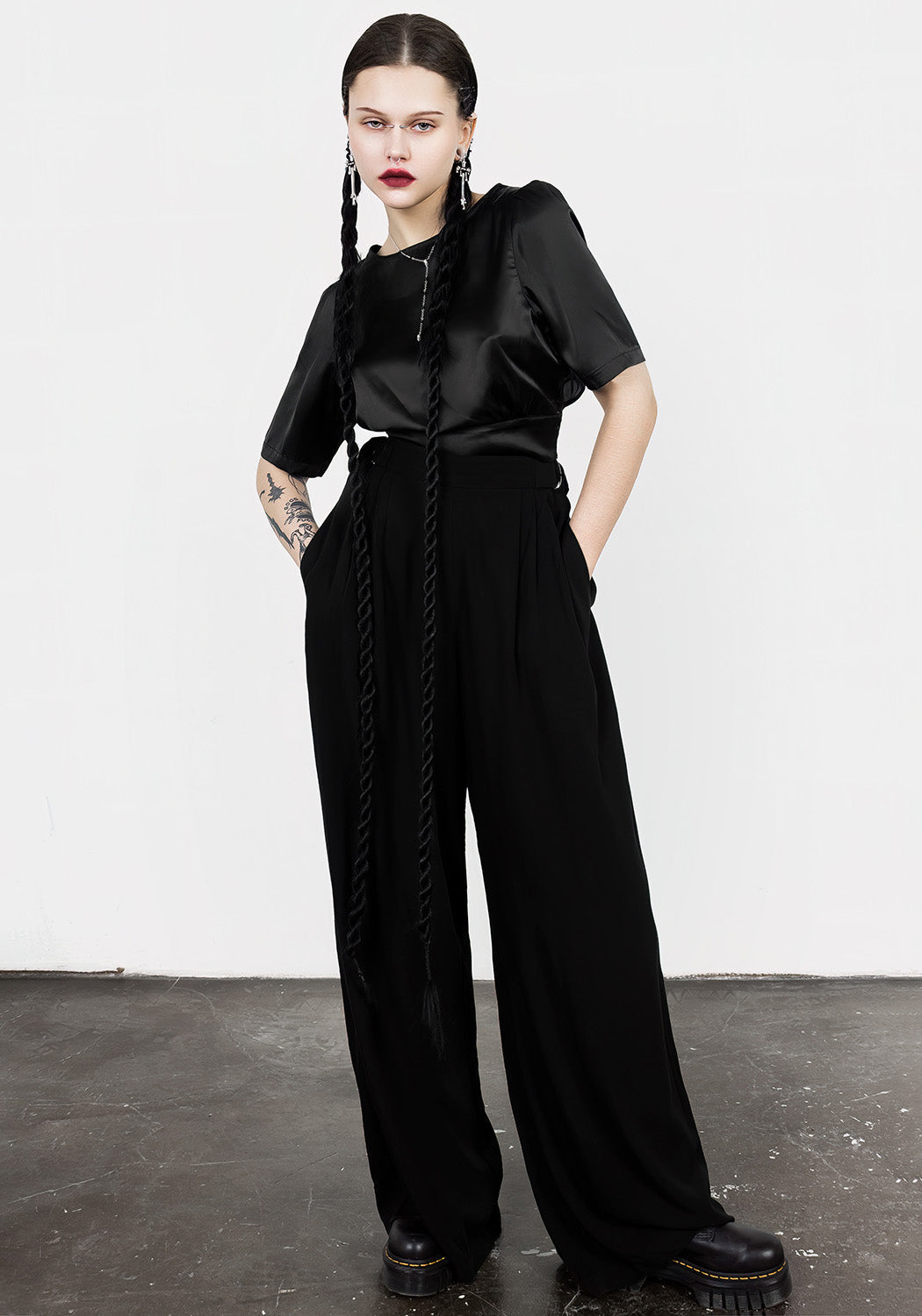 Black Wide Leg Palazzo Pants with Pleats & Adjustable Waist | Ostara