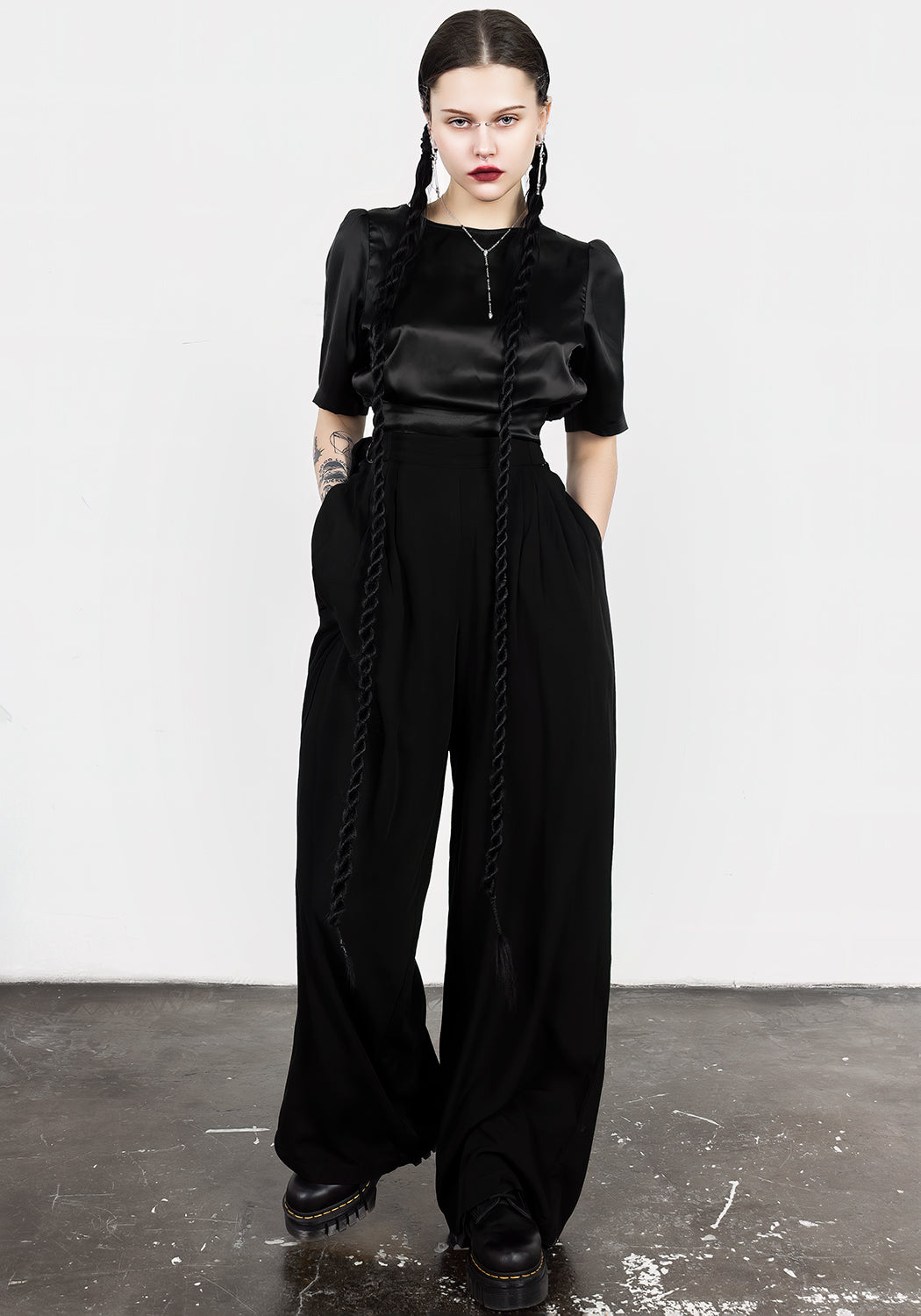 Black Wide Leg Palazzo Pants with Pleats & Adjustable Waist | Ostara