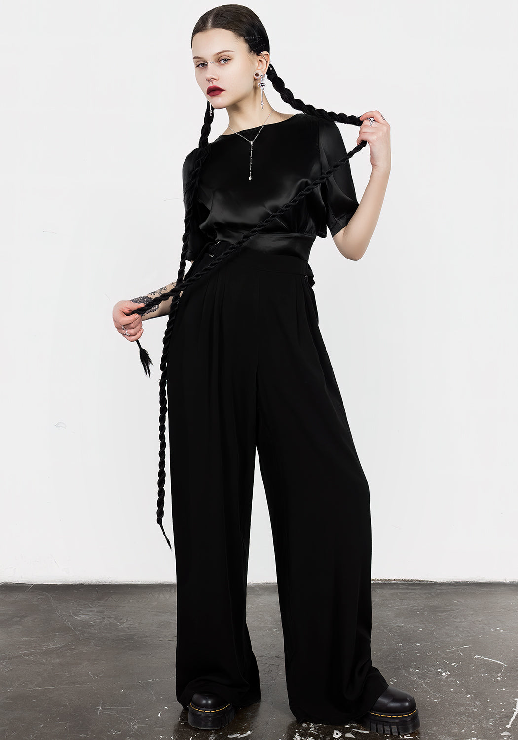 Black Wide Leg Palazzo Pants with Pleats & Adjustable Waist | Ostara