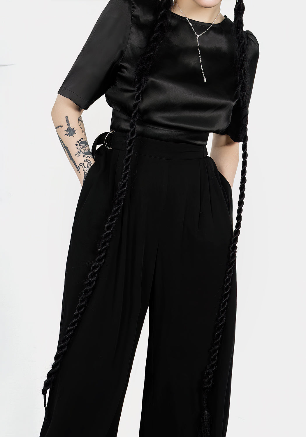 Black Wide Leg Palazzo Pants with Pleats & Adjustable Waist | Ostara