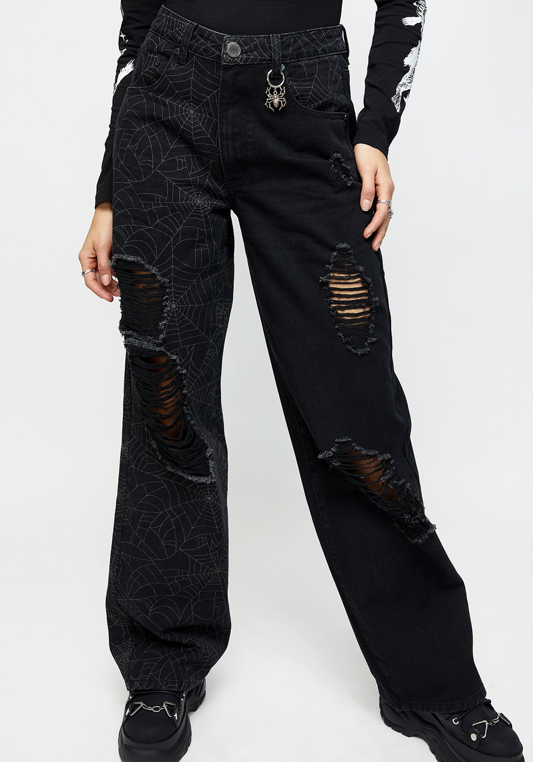 Black Distressed Wide Leg Jeans with Spiderweb Print | Venom