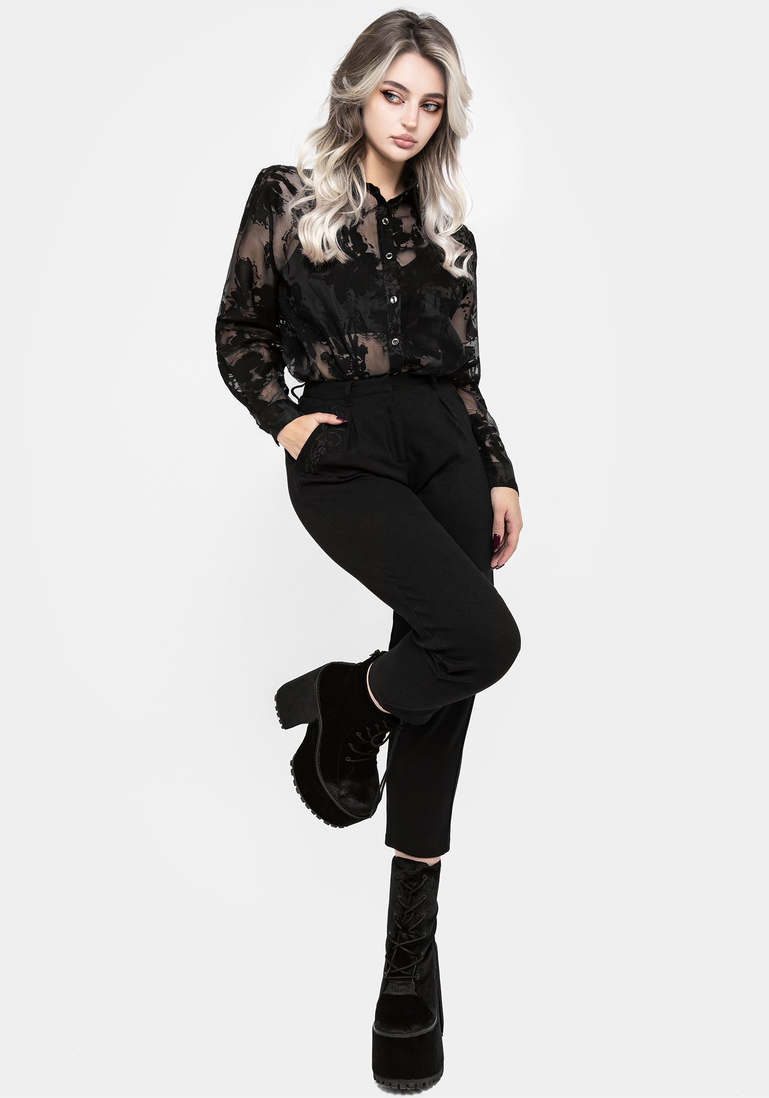 Black Tapered Trousers with Floral Embroidery | Poe Tailored Pants