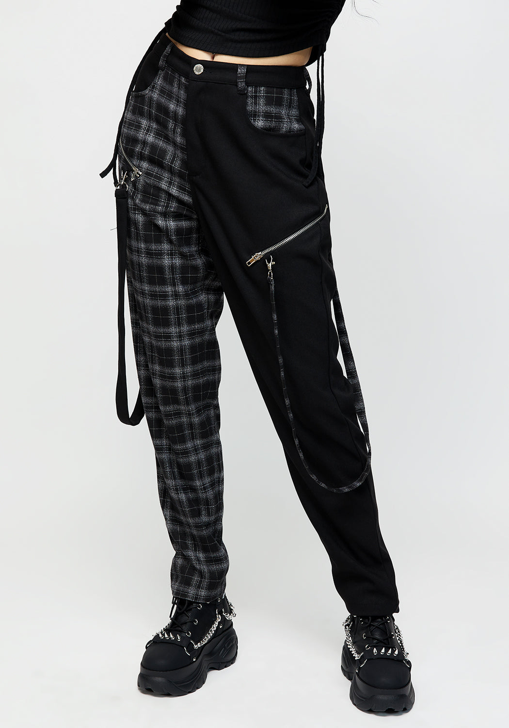 Black & Grey Check Bondage Trousers with Straps & Zips | Punk Style