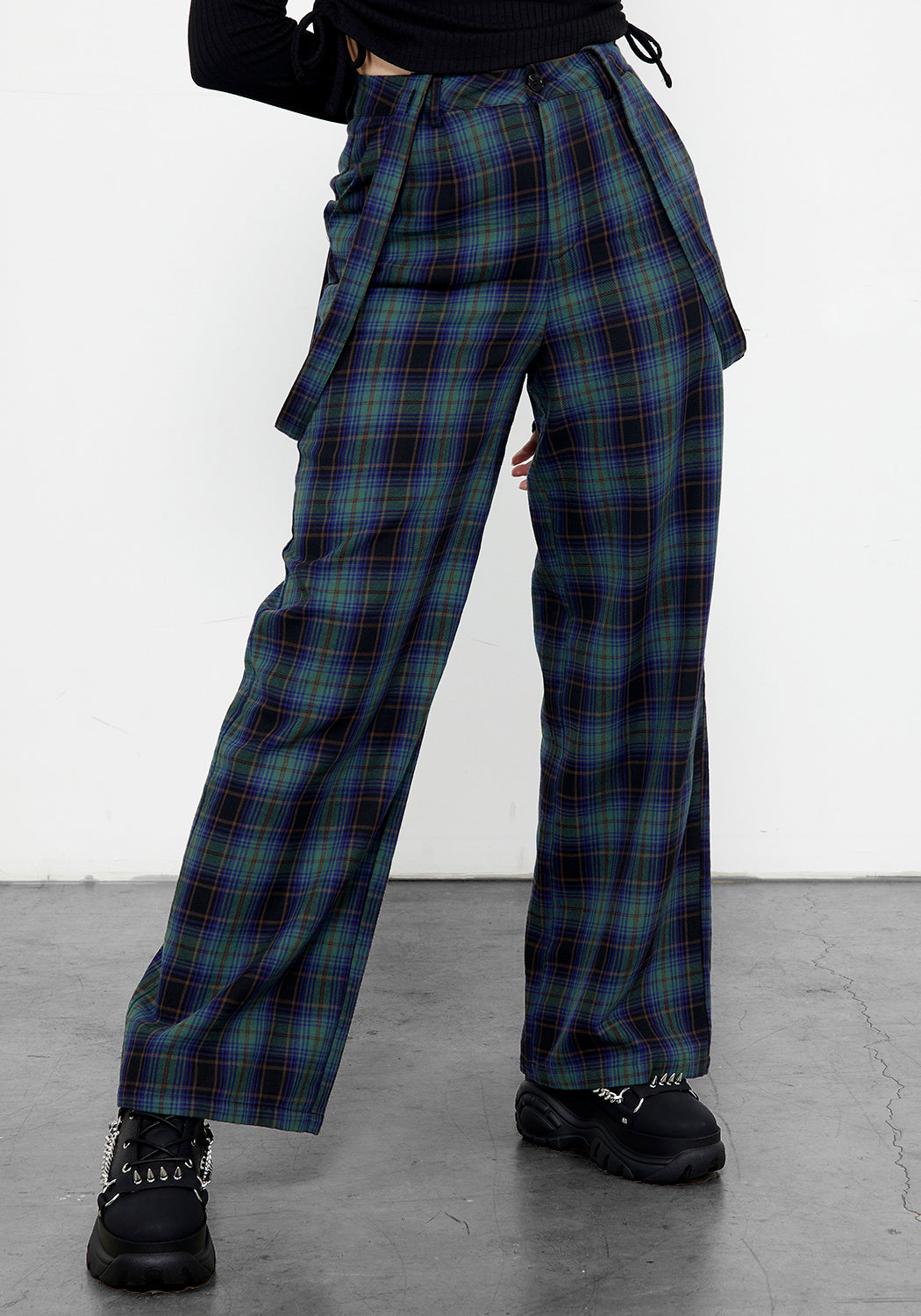 Blue & Green Plaid Wide Leg Trousers with Suspenders | Rebel
