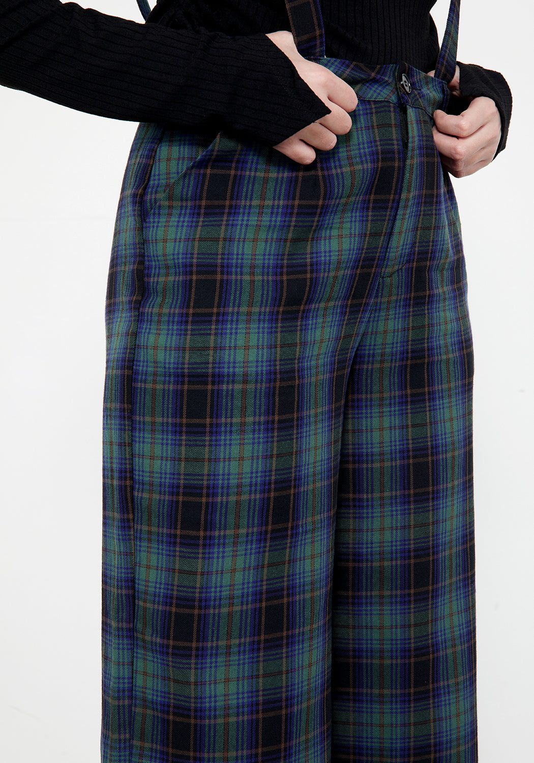 Blue & Green Plaid Wide Leg Trousers with Suspenders | Rebel