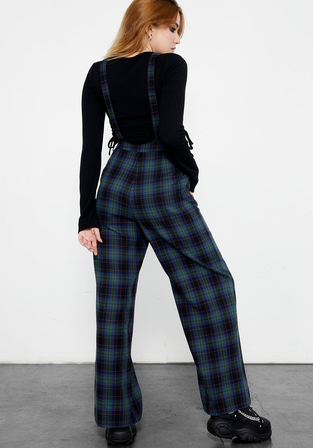 Blue & Green Plaid Wide Leg Trousers with Suspenders | Rebel