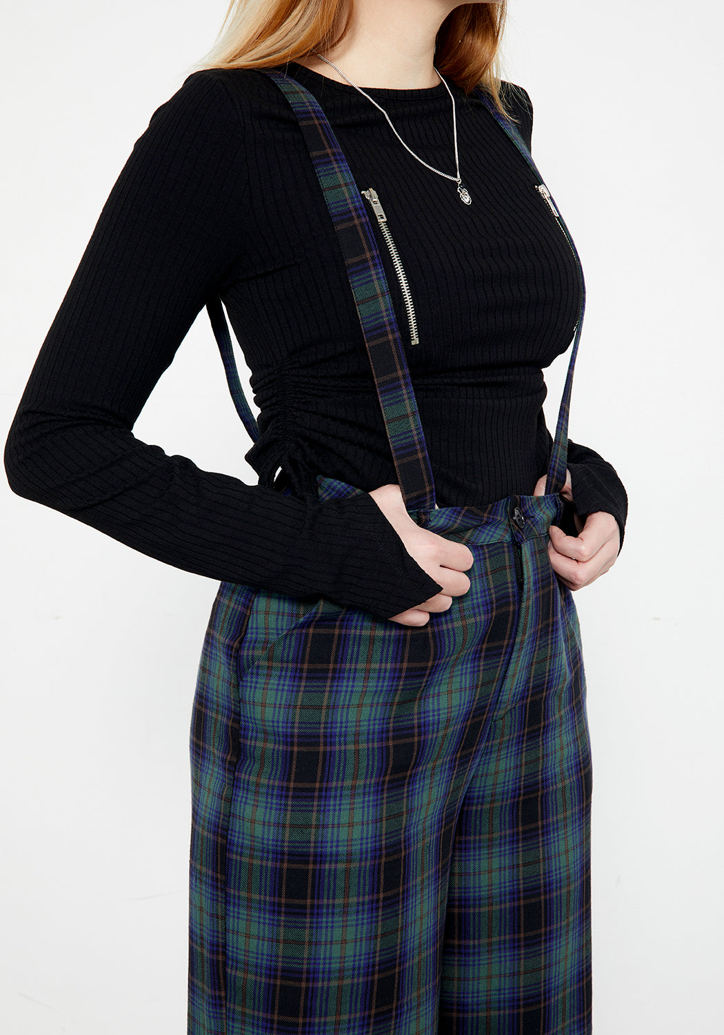 Blue & Green Plaid Wide Leg Trousers with Suspenders | Rebel