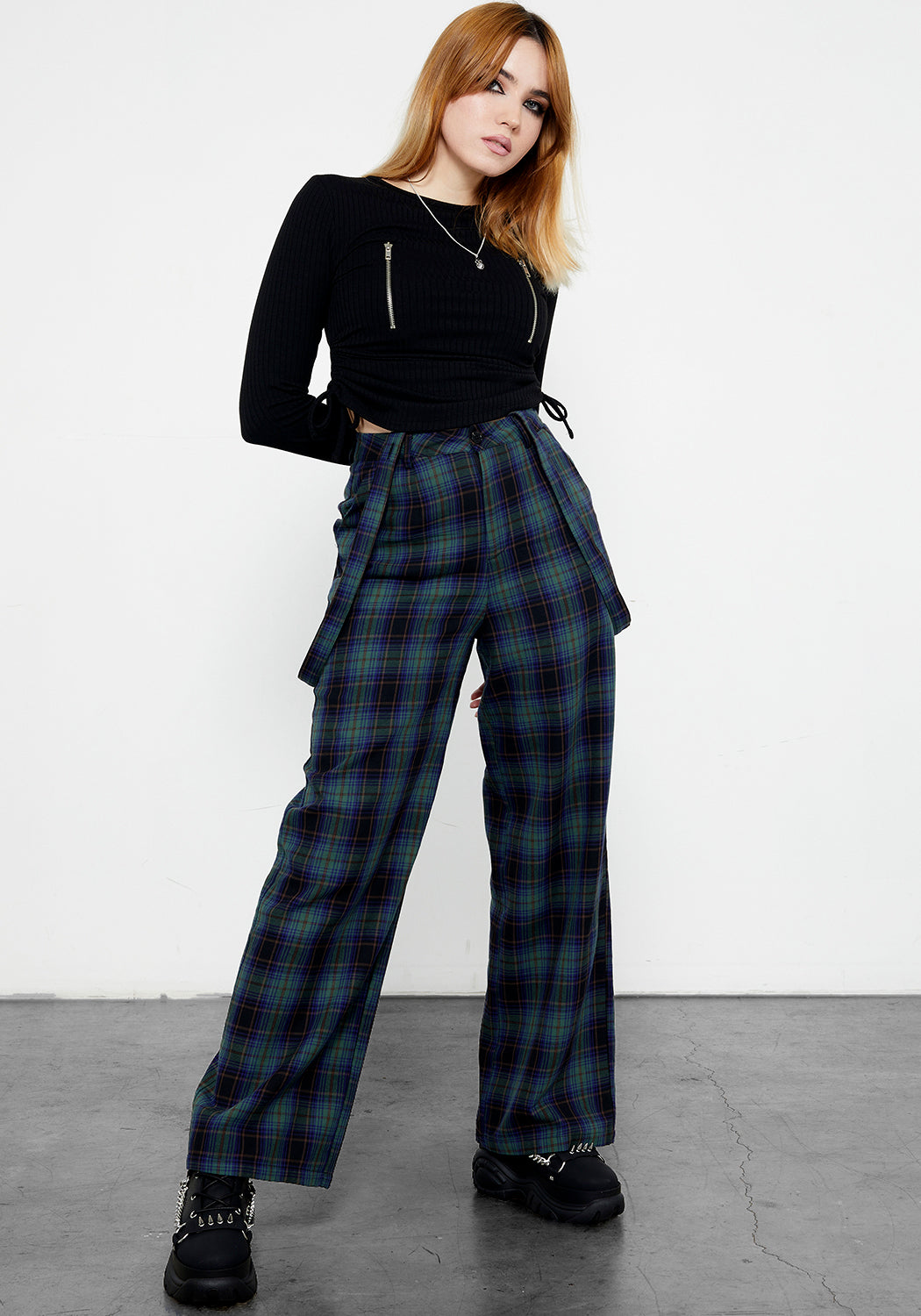 Blue & Green Plaid Wide Leg Trousers with Suspenders | Rebel