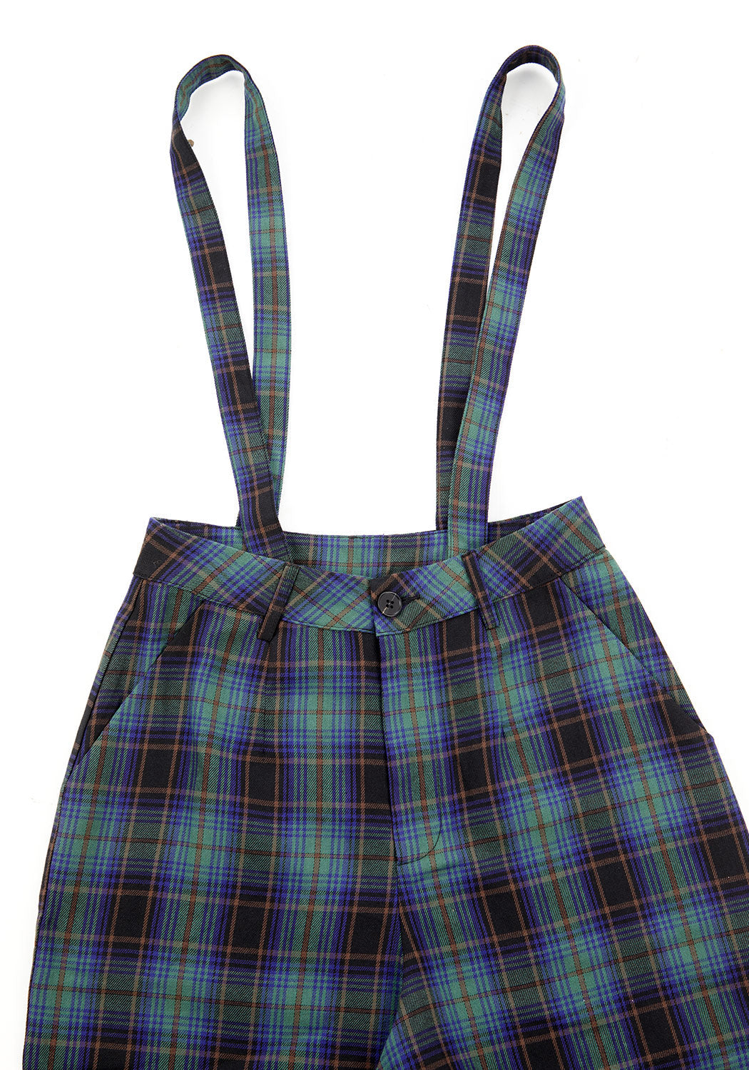 Blue & Green Plaid Wide Leg Trousers with Suspenders | Rebel