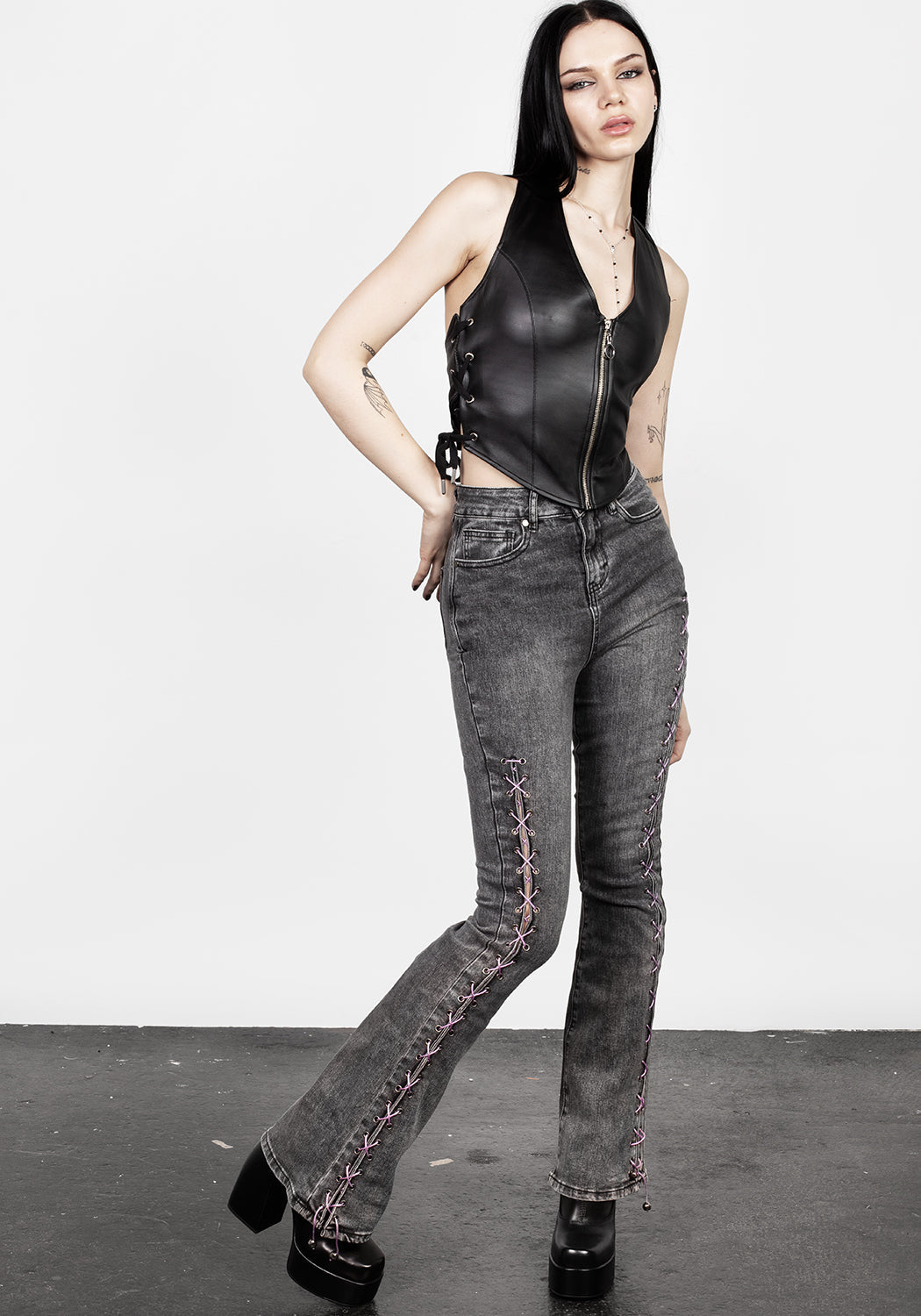 Flared Lace-Up Jeans for Women | Tramp Washed Denim