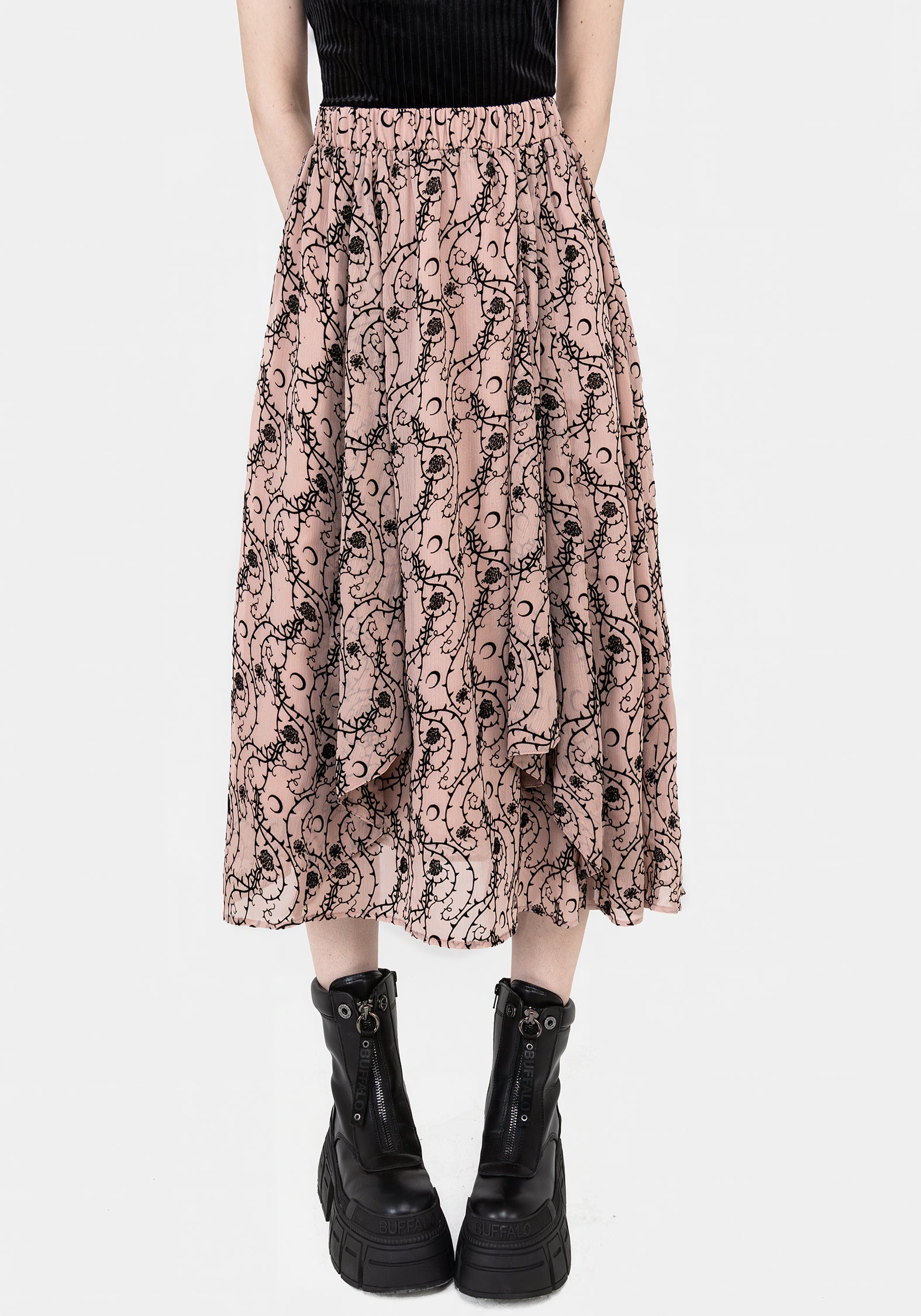 Floral Ruffle Midi Skirt with Elastic Waist | Rosethorn