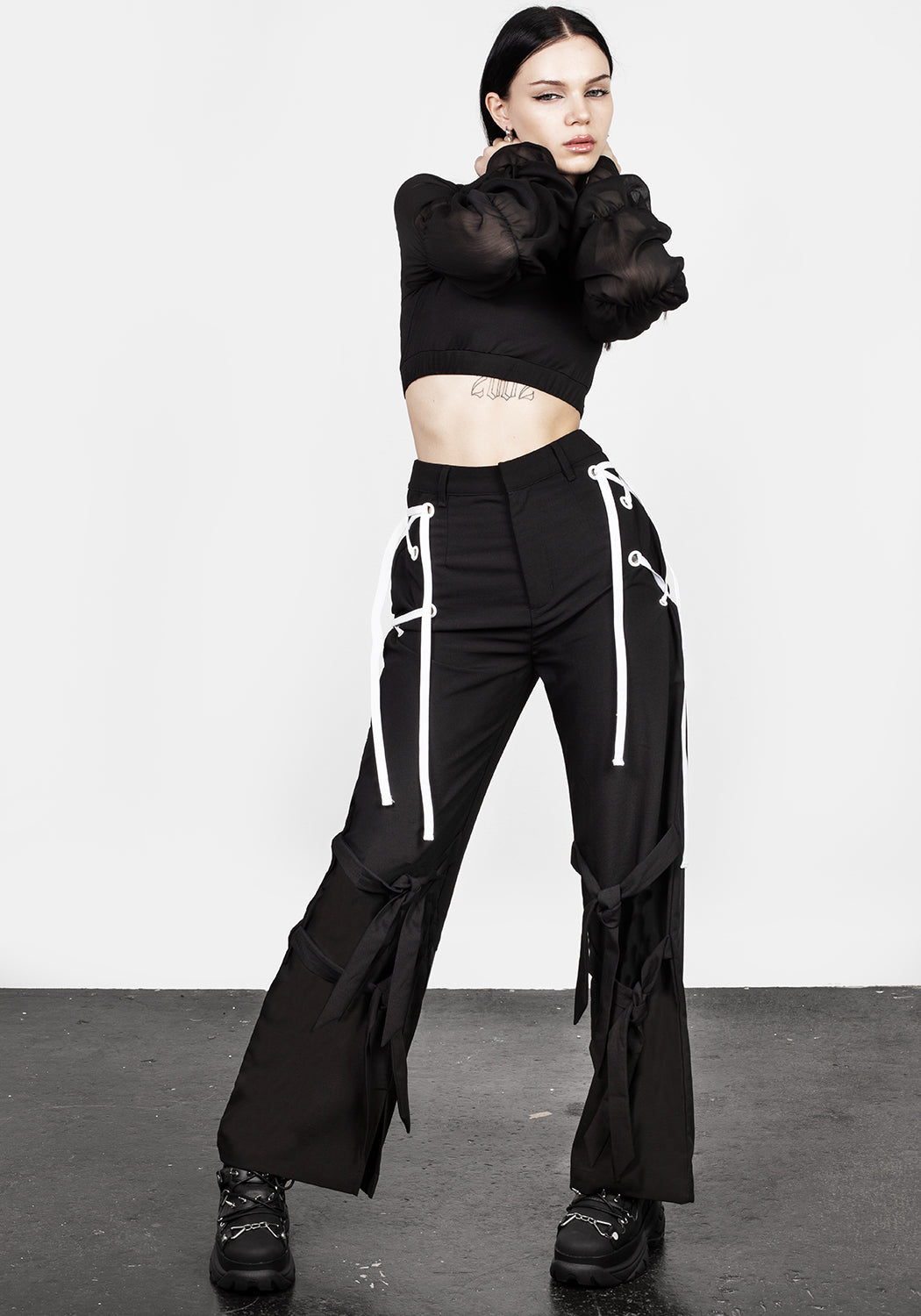 Black Lace-Up Trousers with Wide Legs & High Waist | Disturbia