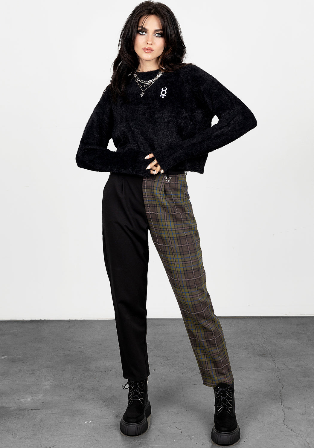 Black & Purple Check Tapered Trousers with High Waist | Rumpel