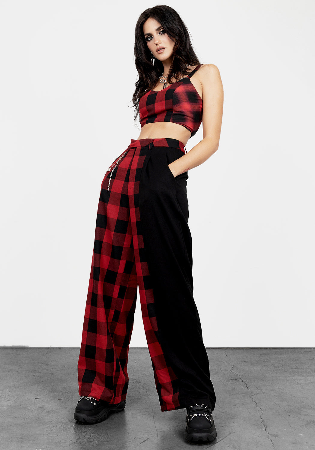 Red & Black Plaid Trousers with Detachable Chain | Disturbia x Xowie Jones