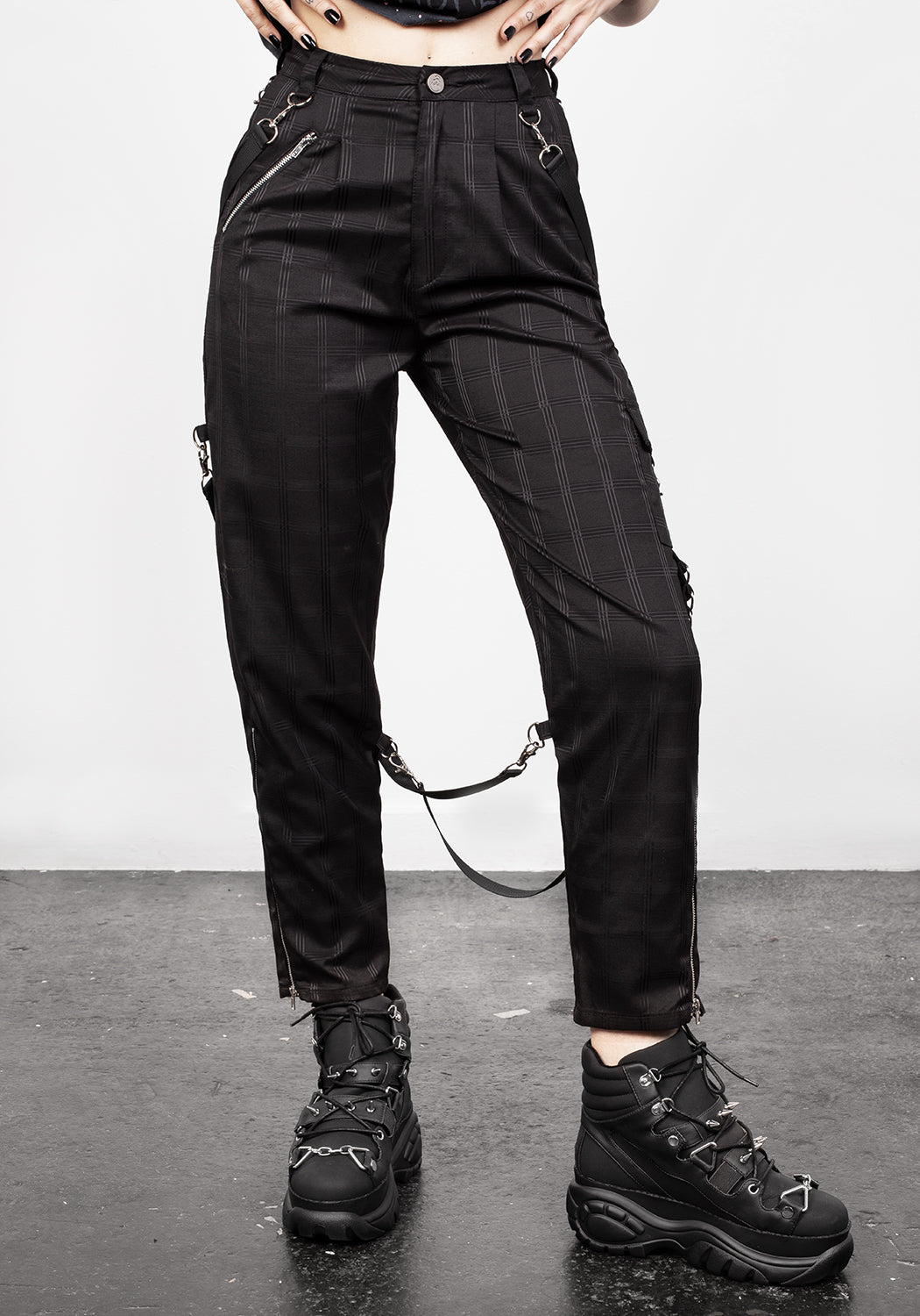 Black Check Bondage Trousers with Strap Detail & Silver Hardware | Mosh