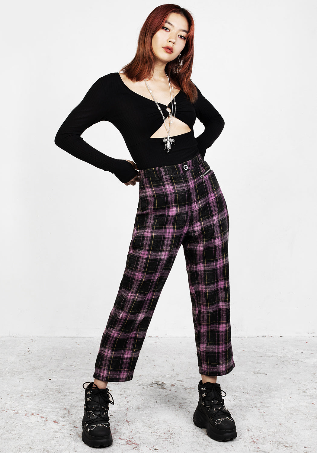 Pink & Black Check Crop Trousers with Zipped Pocket | Crush
