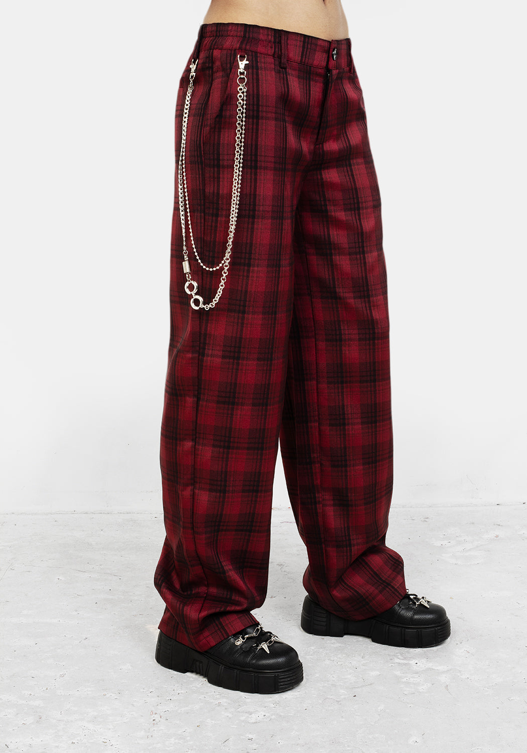 Red & Black Tartan Low Rise Trousers with Belt Chain | Ferreira
