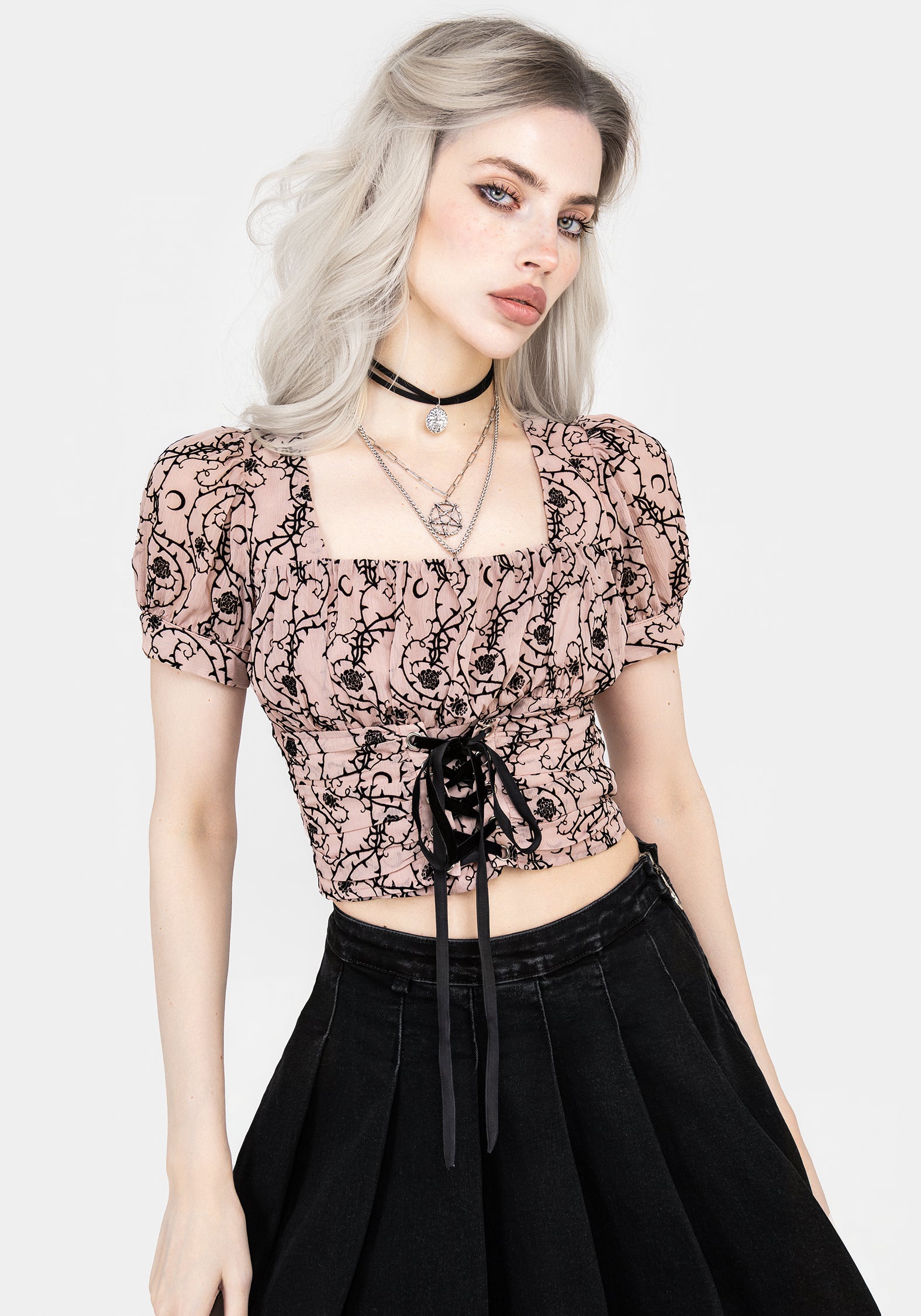 Pink Floral Chiffon Crop Top with Corset Lace & Halterneck | Rosethorn