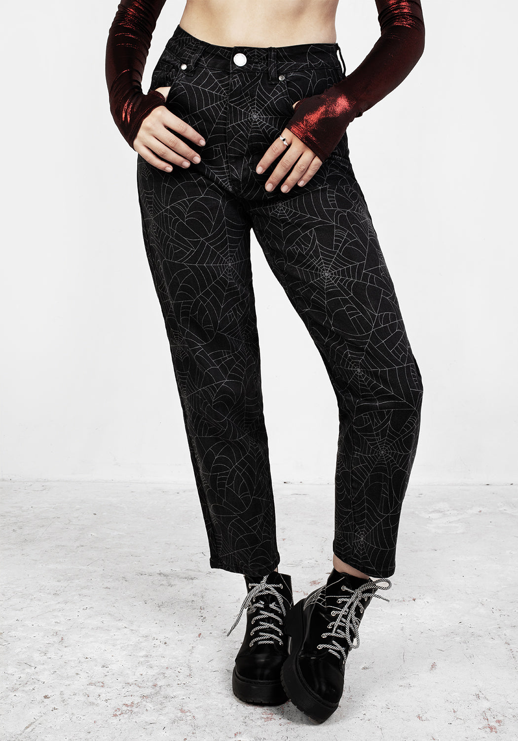 Black Mom Jeans with Spiderweb Design | High Waist & Stretch | Venom