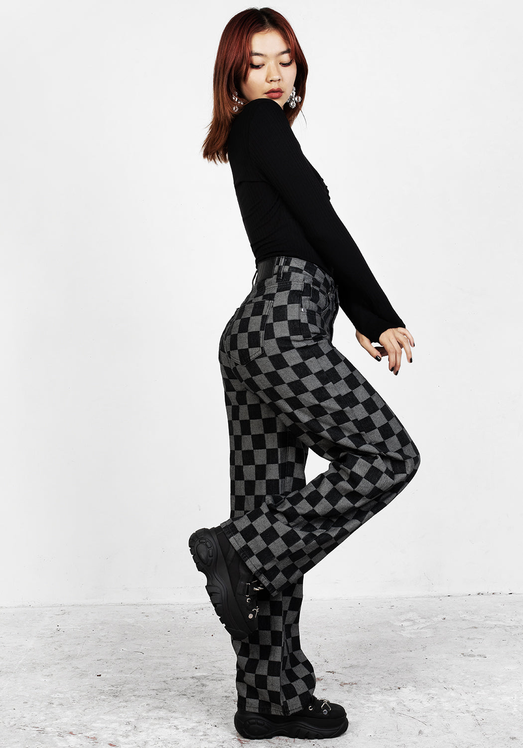 Checkerboard Wide Leg Denim Jeans | KERB