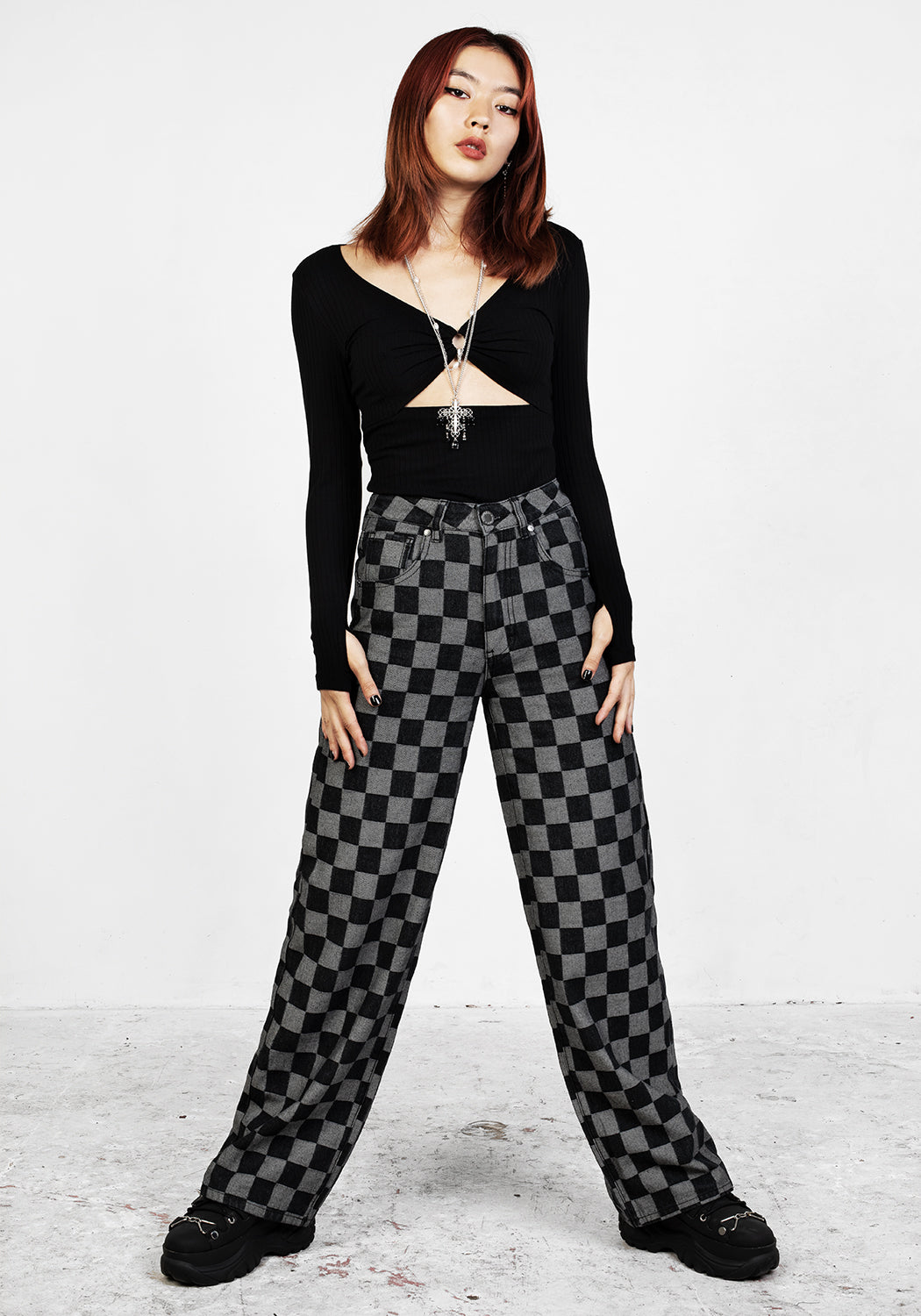 Checkerboard Wide Leg Denim Jeans | KERB