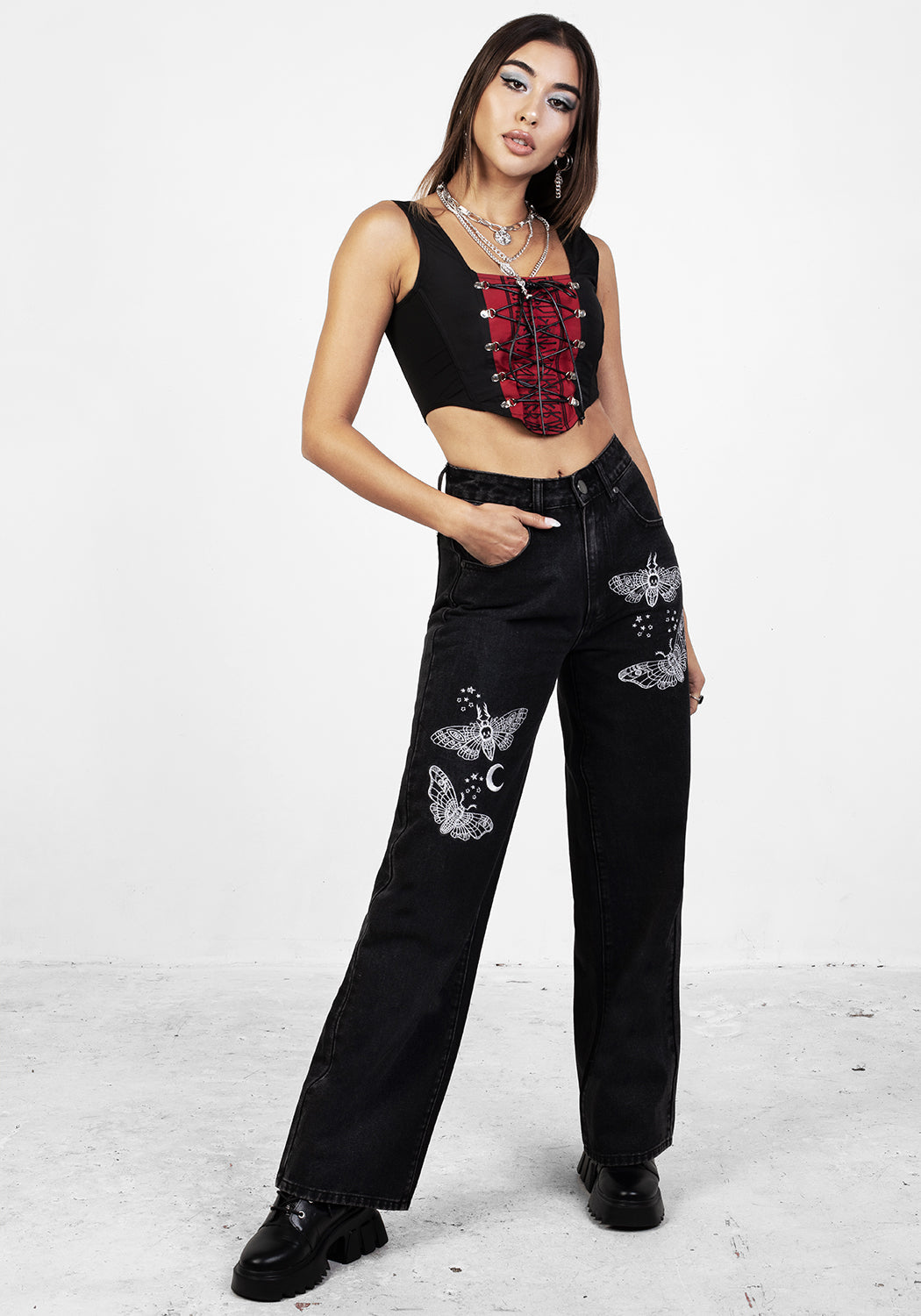 Grey Wide Leg Denim Jeans with Embroidered Moth Motif | Thysania