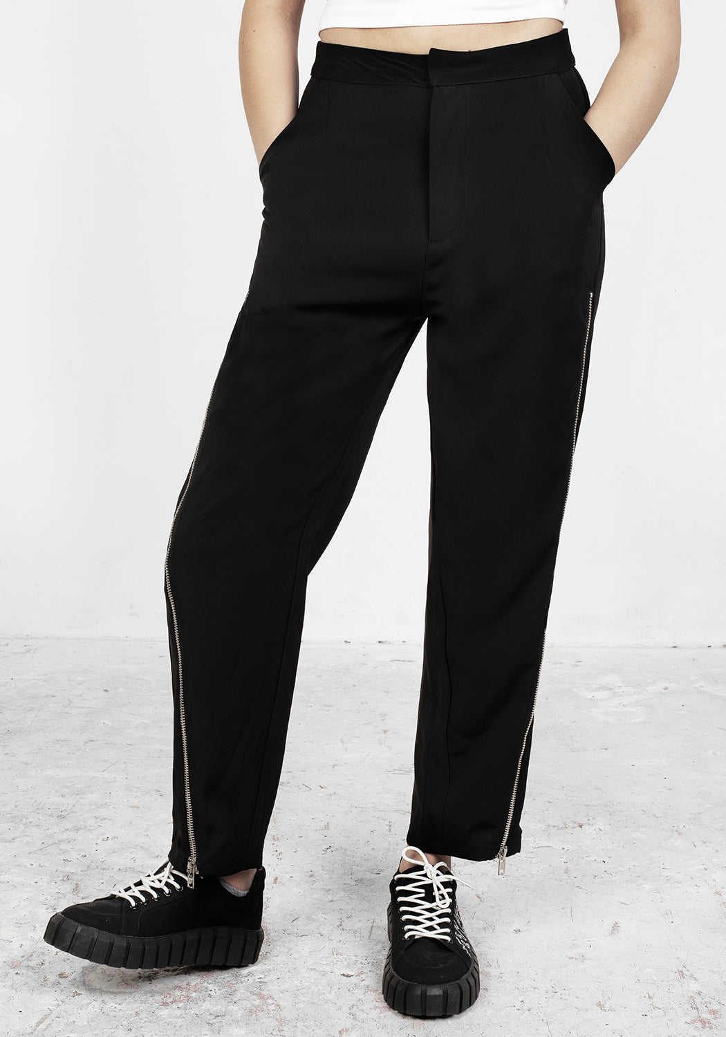 Tailored Zip-Up Trousers with Tapered Leg & Silver Zips | Proto