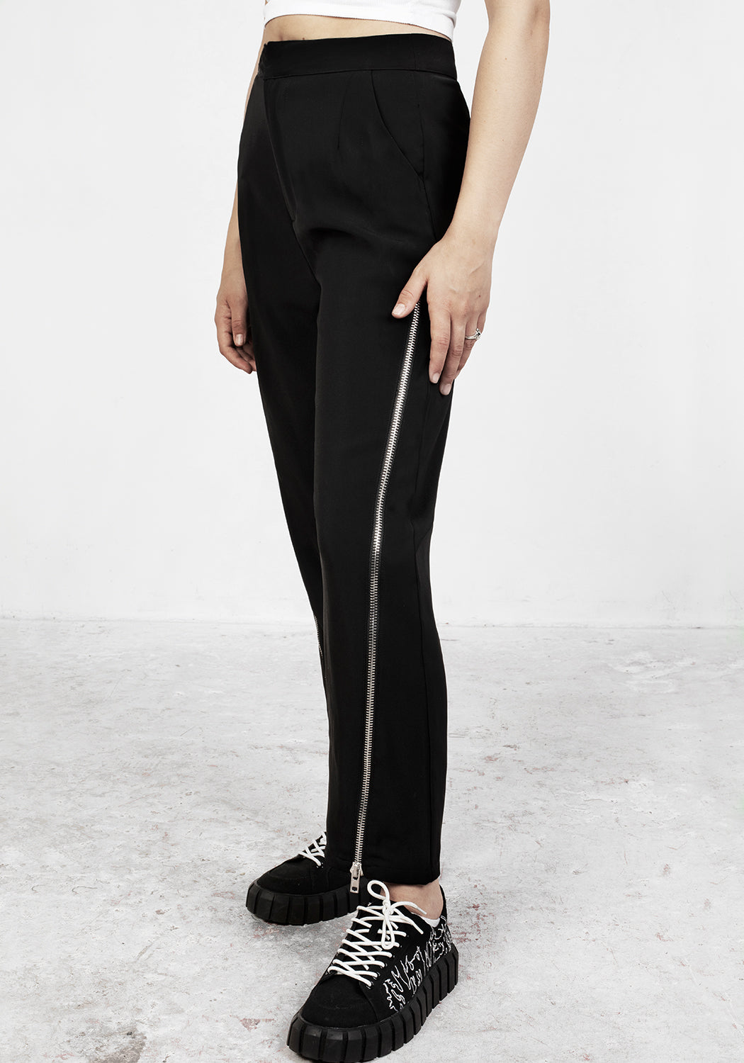 Tailored Zip-Up Trousers with Tapered Leg & Silver Zips | Proto
