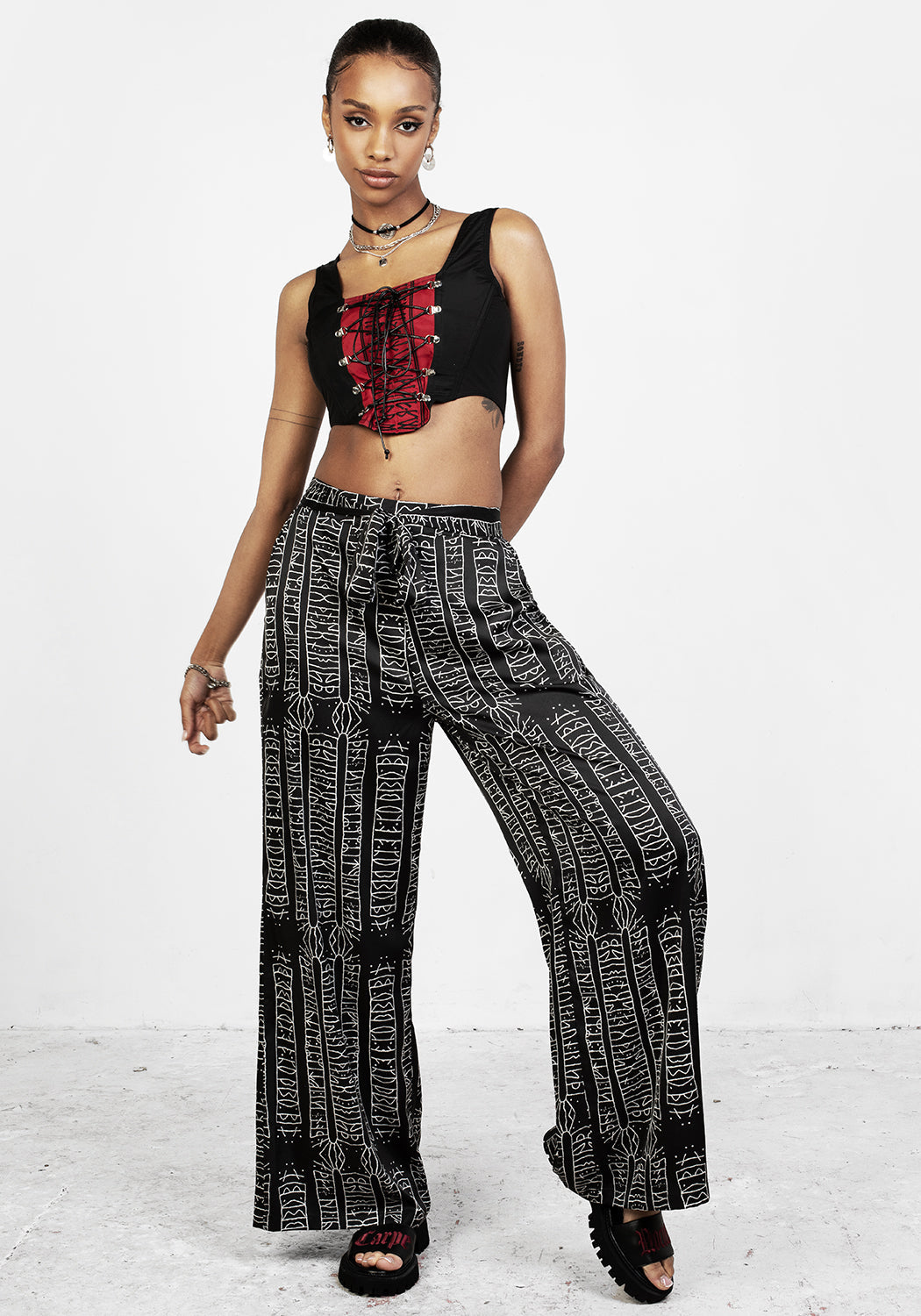 Flowy Black Wide Leg Trousers with Runic Print | Runes