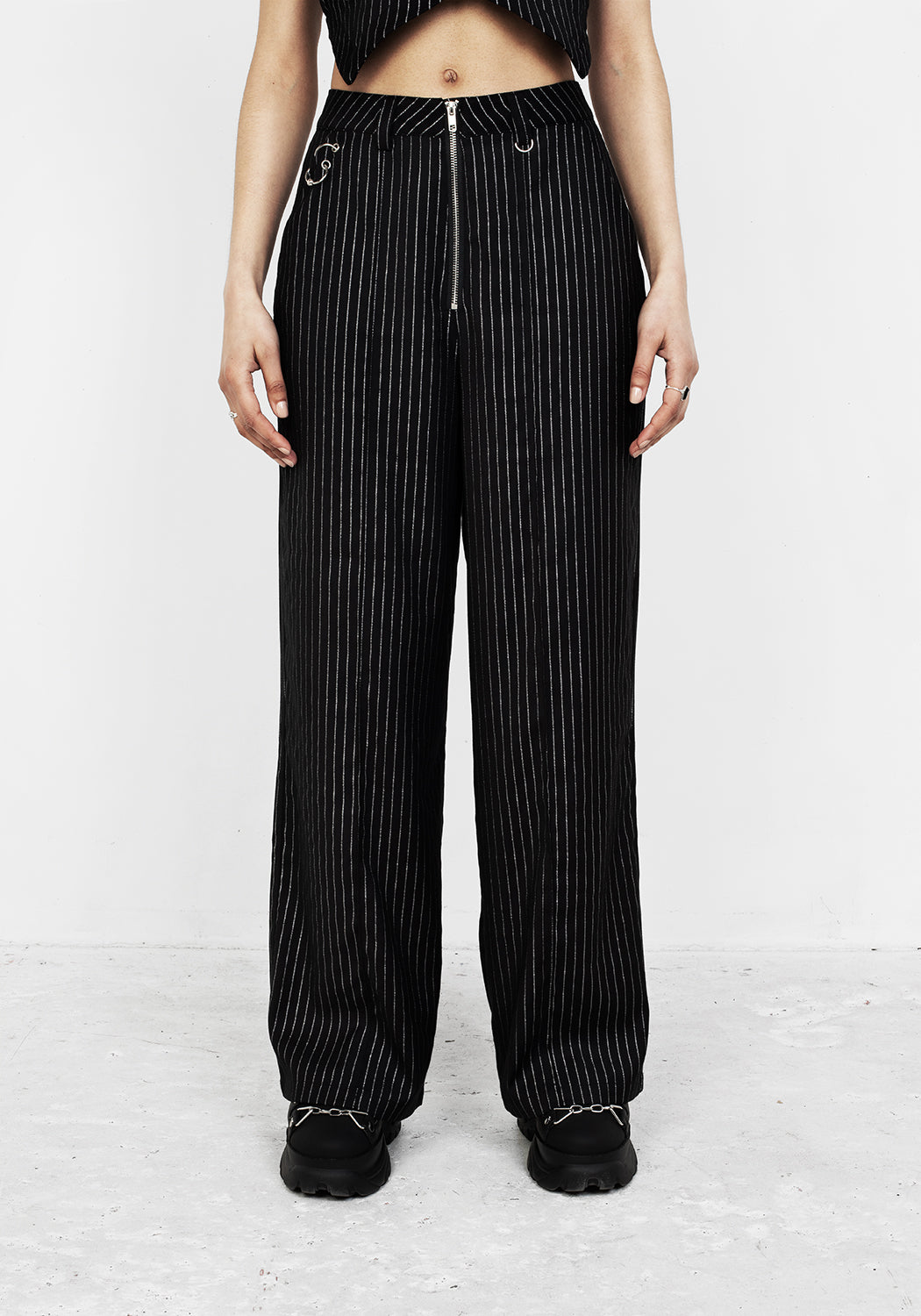 Black Pinstripe Trousers with Silver Hardware | Nightmare Hardwear