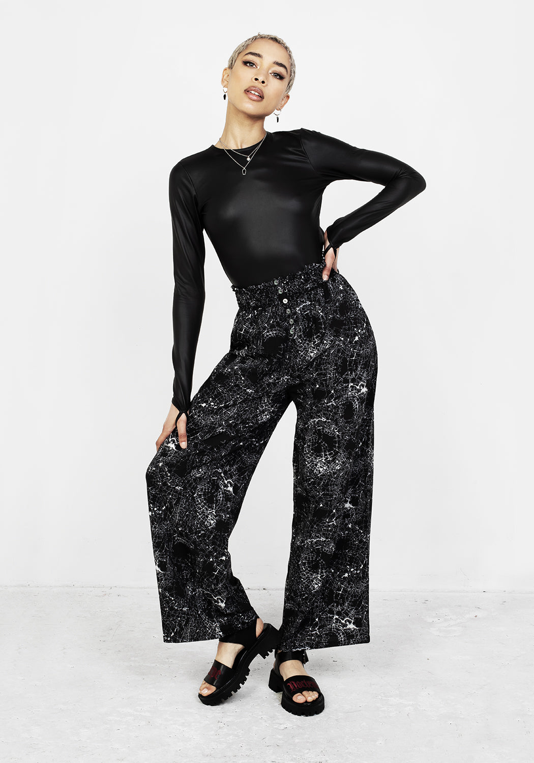 Black Wide Leg Cropped Trousers with High Waistband | Spellwork