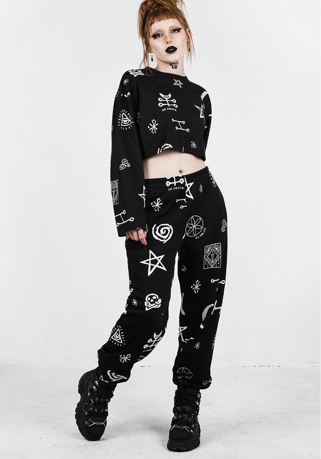 Black Cuffed Graphic Joggers with Elastic Waist & Pockets | Above Below