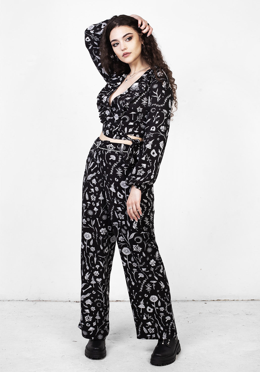 High-Waisted Black Wide Leg Trousers with Floral Print | Hedgewitch