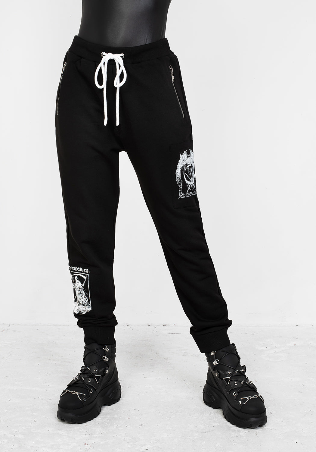 Black Graphic Print Joggers with Zipped Pockets | Disturbia