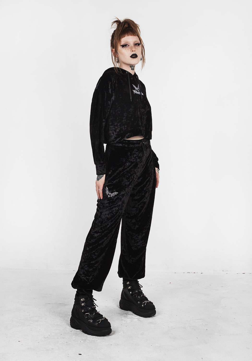 Gothic Black Velour Sweatpants with Embroidered Bat | Sad Bat's Club