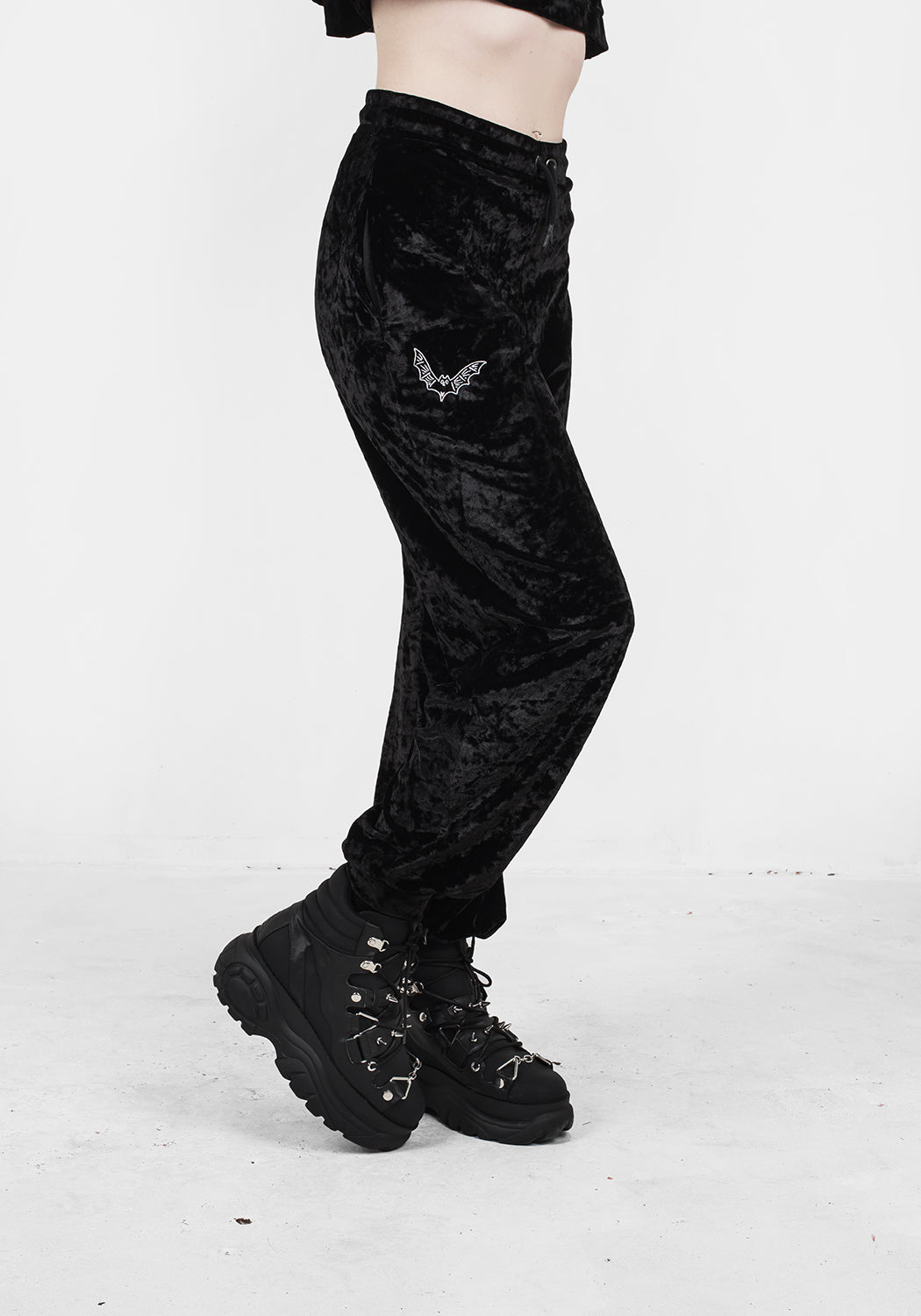 Gothic Black Velour Sweatpants with Embroidered Bat | Sad Bat's Club